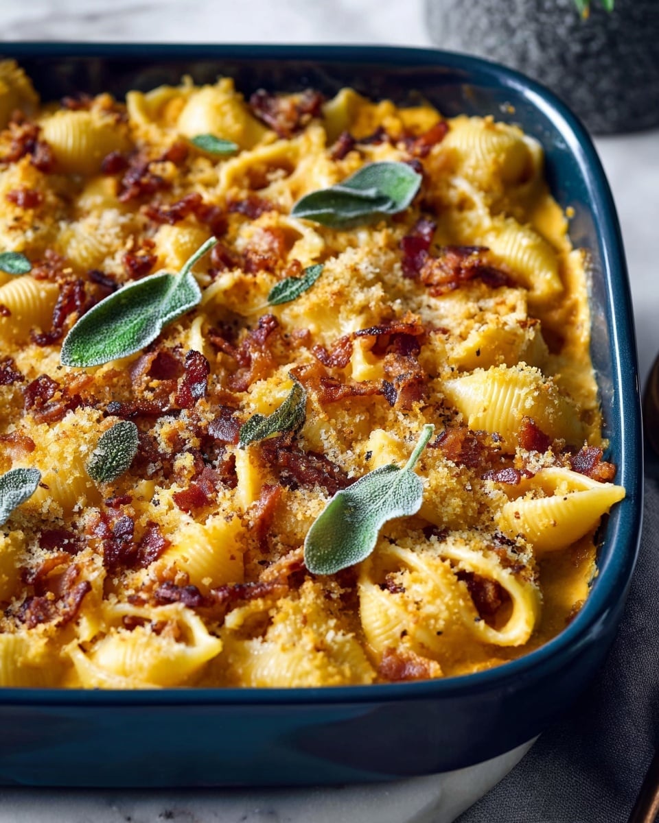 A close-up view of a casserole dish filled with a baked pasta dish. The bottom layer is a creamy orange sauce covered by a layer of small shell-shaped pasta in a light yellow color. Scattered on top are crispy brown bacon bits and green sage leaves. A light sprinkling of fine golden breadcrumbs covers the surface, adding texture. The dish is in a deep blue baking pan, sitting on a white marbled textured surface with a slate gray object partially visible in the background. Photo taken with an iphone --ar 4:5 --v 7