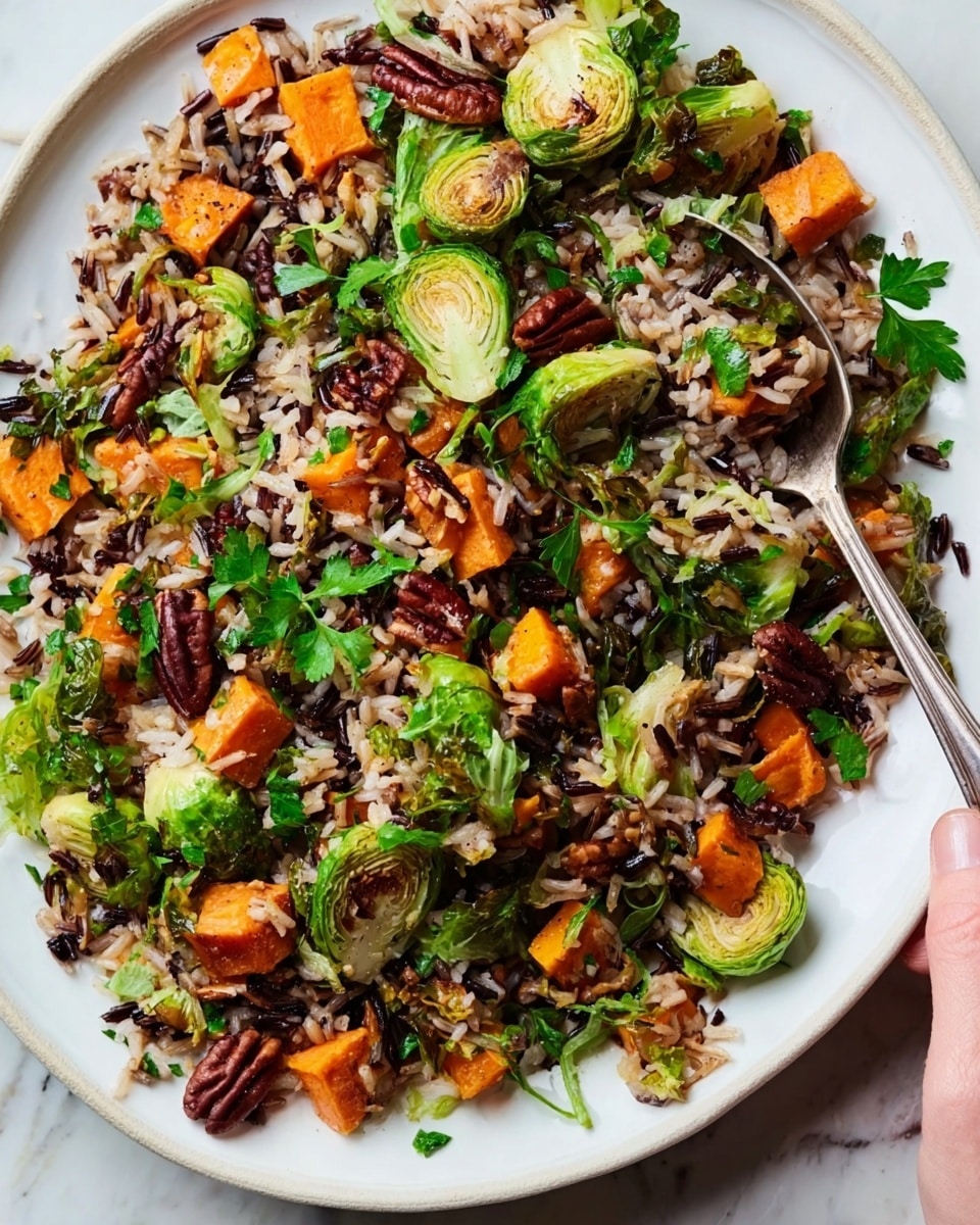 The image shows a large white oval plate filled with a colorful salad. The salad has a base layer of mixed rice with dark and light grains. On top, there are bright orange cubes of roasted sweet potatoes scattered throughout. Thin, pale green slices of Brussels sprouts are spread over the salad, mixed with dark red dried cranberries or similar fruit. Fresh green parsley leaves are sprinkled all over for garnish. A silver spoon rests on the plate with a small portion of salad. Around the plate, there is a white marbled surface with a glass of water, a dark drink in a glass, a small bowl of coarse salt, and a smaller round white plate with a portion of the salad. A woman's hand holds the spoon, adding a casual touch to the scene. The overall look is fresh, vibrant, and inviting. photo taken with an iphone --ar 4:5 --v 7