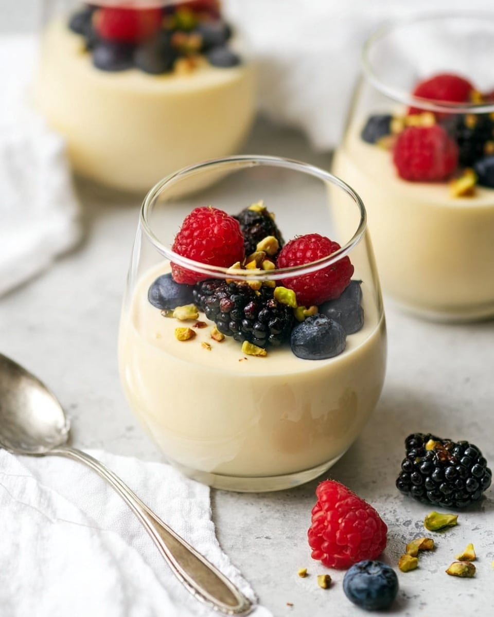 A clear glass filled with one thick layer of smooth, creamy light beige mousse sits on a white marbled surface. The mousse is topped with a small cluster of fresh berries, including two red raspberries, one dark blackberry, and three plump blueberries. Scattered finely chopped green pistachios are also sprinkled on top and slightly around the berries, adding a rough texture contrast. Nearby, a silver spoon rests on a white cloth, and parts of two similar glasses with the same dessert and toppings appear softly blurred in the background. Photo taken with an iphone --ar 4:5 --v 7