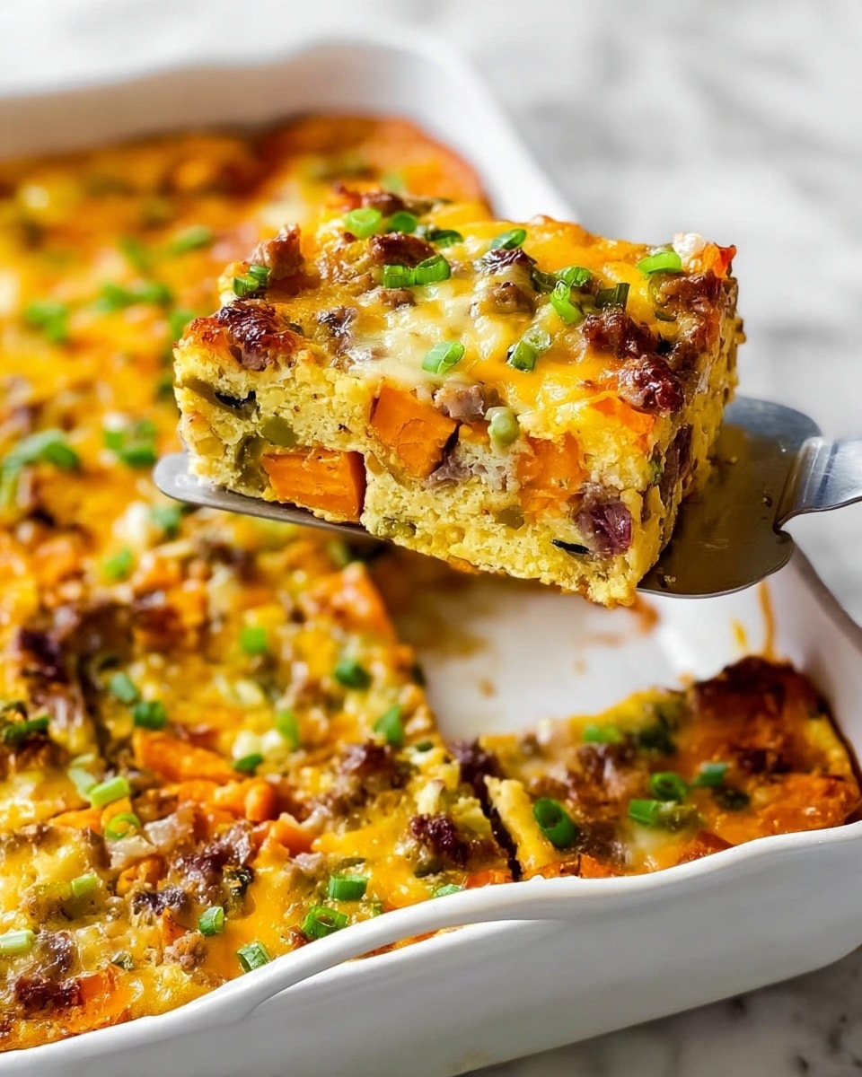 The image shows a white rectangular baking dish filled with a baked egg dish cut into square pieces, each piece filled with chunks of orange sweet potato, green bell pepper, browned bits of sausage or bacon, and topped with melted cheese and green onion slices. Two white plates hold individual squares of the dish, each garnished with crescent slices of avocado and sprinkled with green onions. A woman’s hand holds a spatula lifting one square from the baking dish, and silver forks rest on the plates. All are set against a white marbled surface with a white cloth nearby. Photo taken with an iphone --ar 4:5 --v 7