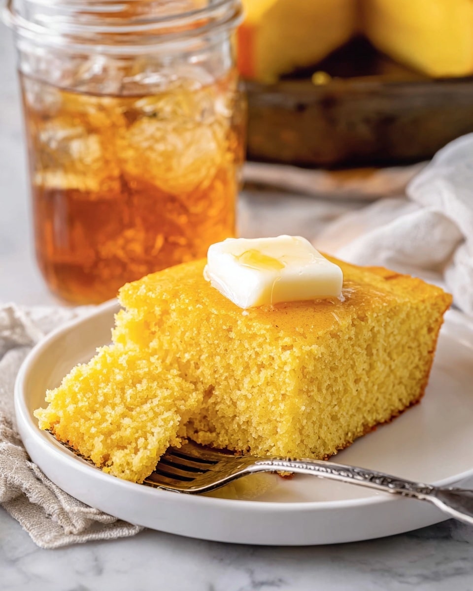 A single square piece of yellow cornbread sits on a white plate, topped with a small square of melting white butter in the center. The cornbread looks soft with a slightly crumbly texture, and a small piece is held on a silver fork lying on the plate’s edge. In the background, there is a clear glass jar filled with iced tea that has a golden amber color, all set on a white marbled surface. photo taken with an iphone --ar 4:5 --v 7