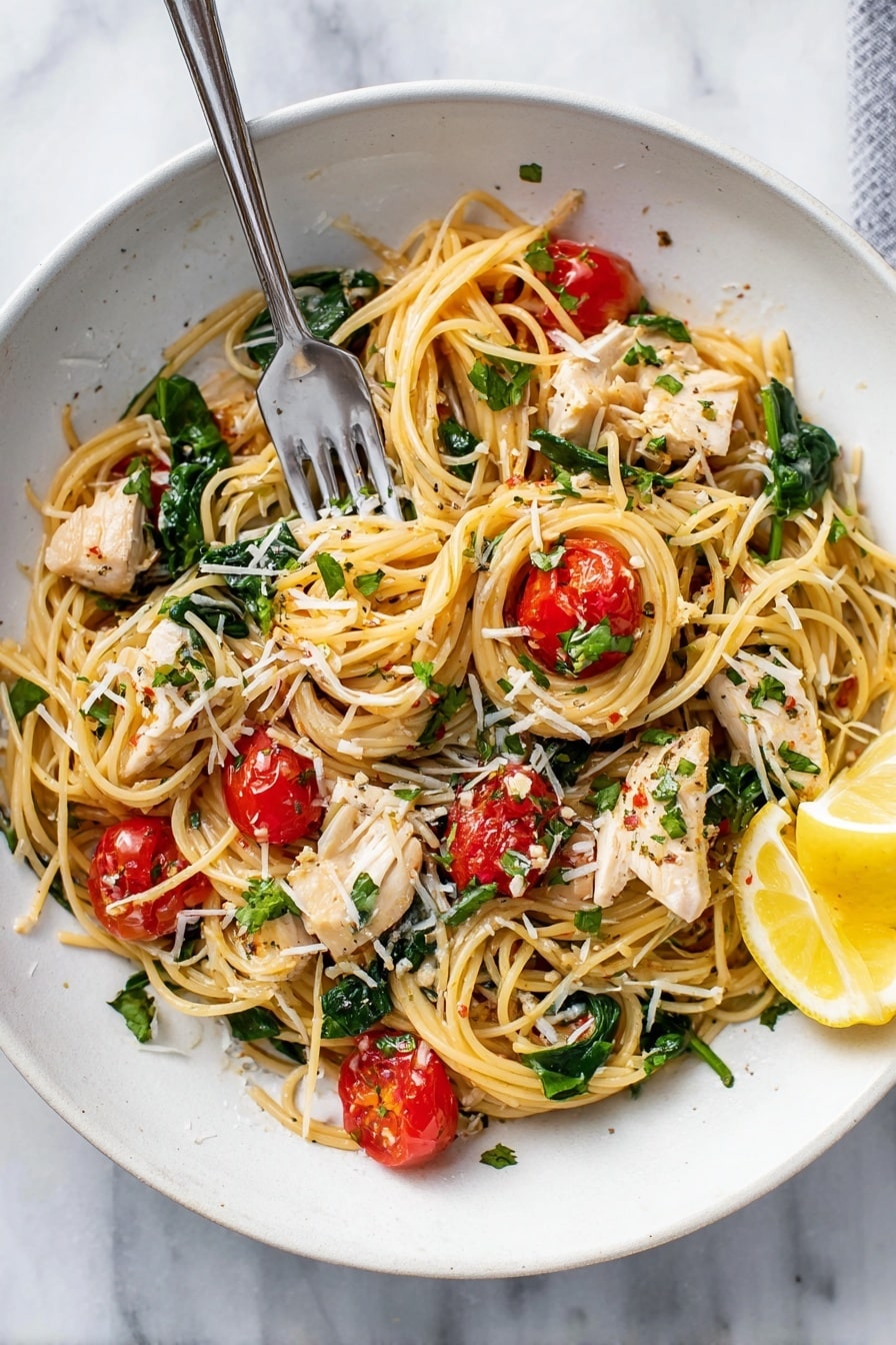 A light plate of spaghetti pasta forms the base with thin, yellowish strands twisted into small nests. Scattered on top are bright red halved cherry tomatoes and chunks of white cooked chicken. Dark green spinach leaves add color contrast, mixed evenly throughout the spaghetti. A sprinkle of grated cheese and bits of chopped green herbs cover the dish lightly. A silver fork rests on the left side, slightly buried in the pasta, with its handle stretching outwards. A lemon wedge sits on the right edge of the white plate, which is placed on a white marbled surface. Photo taken with an iphone --ar 2:3 --v 7 - Easy Chicken Scampi with Cherry Tomatoes and Spinach, chicken scampi recipe, quick chicken dinner, healthy chicken pasta, lemon garlic chicken