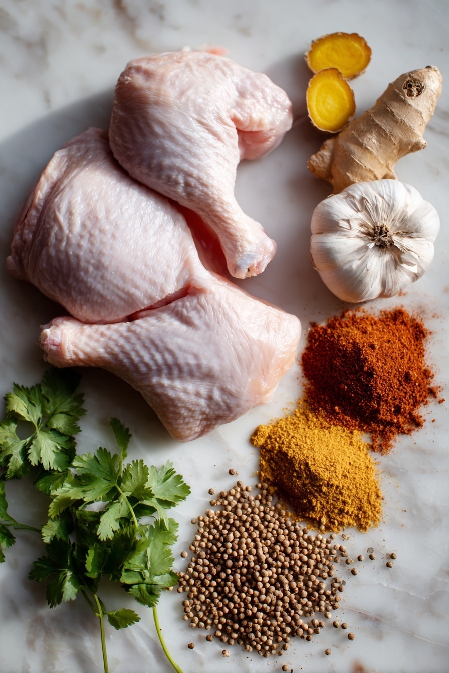 Flat lay of fresh raw chicken quarters with smooth pink skin, bright fresh ginger root with light brown knobby skin and pale yellow flesh exposed, two plump garlic cloves with papery off-white husks, a small heap of vibrant reddish-brown smoked paprika powder, scattered aromatic warm brown cumin seeds, fine dusty cinnamon powder in soft tan shades, a small mound of golden-yellow garam masala powder, and sprigs of fresh green coriander leaves with delicate serrated edges, all naturally arranged with slight overlaps and small shadow play, placed on white marbled surface, photo taken with an iphone --ar 2:3 --v 7 - Authentic Tandoori Chicken, Indian Tandoori Chicken, Spiced Tandoori Chicken Oven, Easy Tandoori Chicken, Homemade Tandoori Chicken