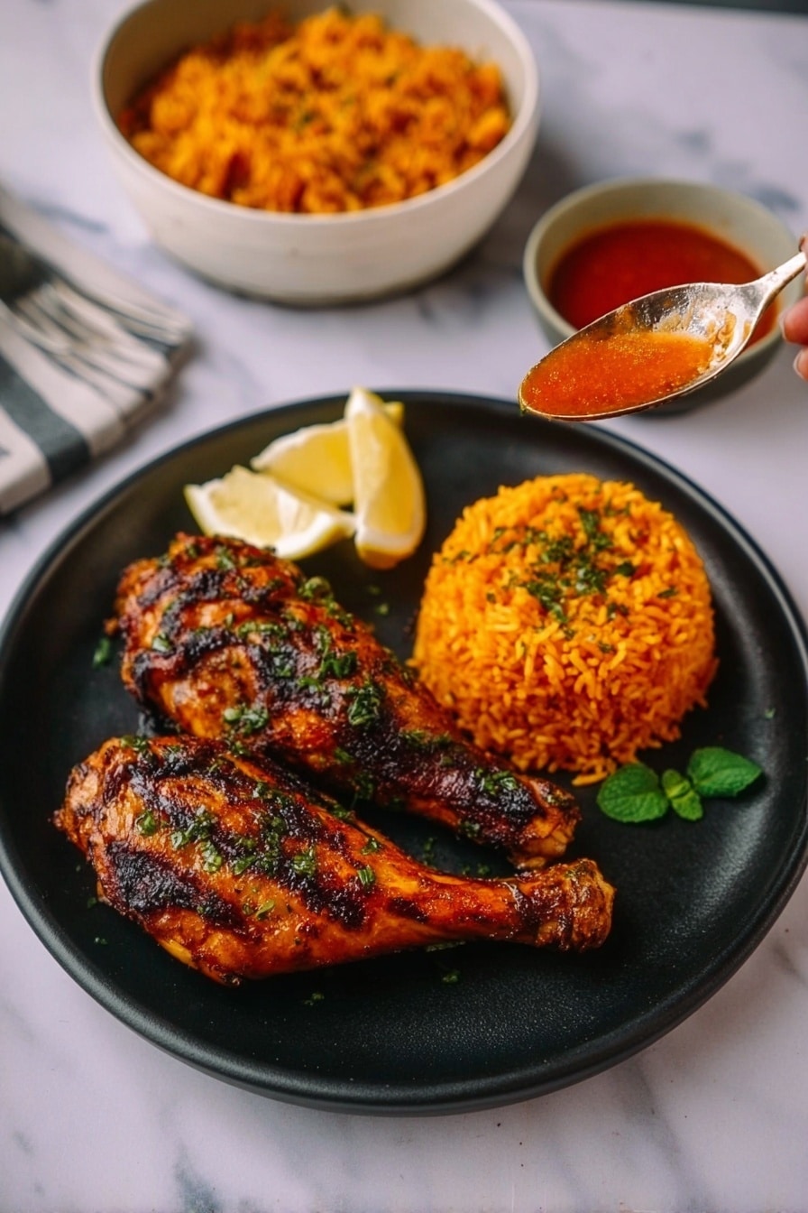 A black plate holds two grilled chicken legs with a dark orange and slightly charred skin, topped with herbs. Next to the chicken legs is a round mound of bright orange rice, garnished with green herbs, and two lemon wedges placed beside the rice. A small green herb leaf is near the rice. To the top left of the plate, there is a white bowl with more orange rice and a white bowl with red sauce positioned on a white marbled surface. A woman’s hand is seen holding a spoon, lifting some rice from the bowl. Photo taken with an iphone --ar 2:3 --v 7 - Authentic Tandoori Chicken, Indian Tandoori Chicken, Spiced Tandoori Chicken Oven, Easy Tandoori Chicken, Homemade Tandoori Chicken