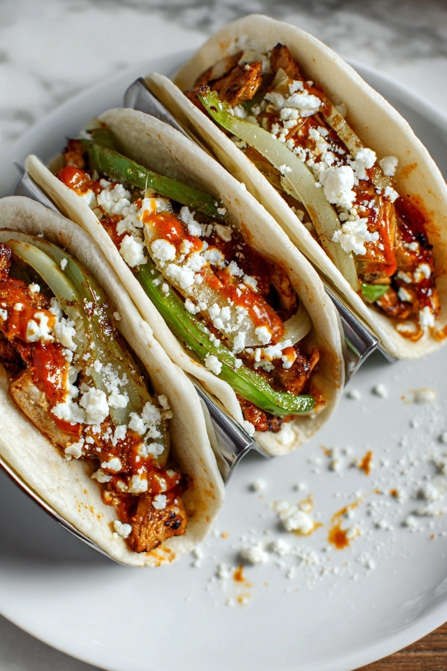 Three soft, white tortillas hold a filling of browned chicken pieces on the bottom, topped with cooked green bell pepper strips and translucent cooked onion slices. A reddish-orange sauce is drizzled over the vegetables, and crumbled white cheese is sprinkled on top. The tacos rest in a metal taco holder, placed on a white plate with some sauce and cheese crumbs around. The plate is set on a white marbled surface. Photo taken with an iphone --ar 2:3 --v 7 - Chicken Fajita Tacos, easy fajita dinner, quick chicken tacos, flavorful fajita recipe, simple Mexican tacos