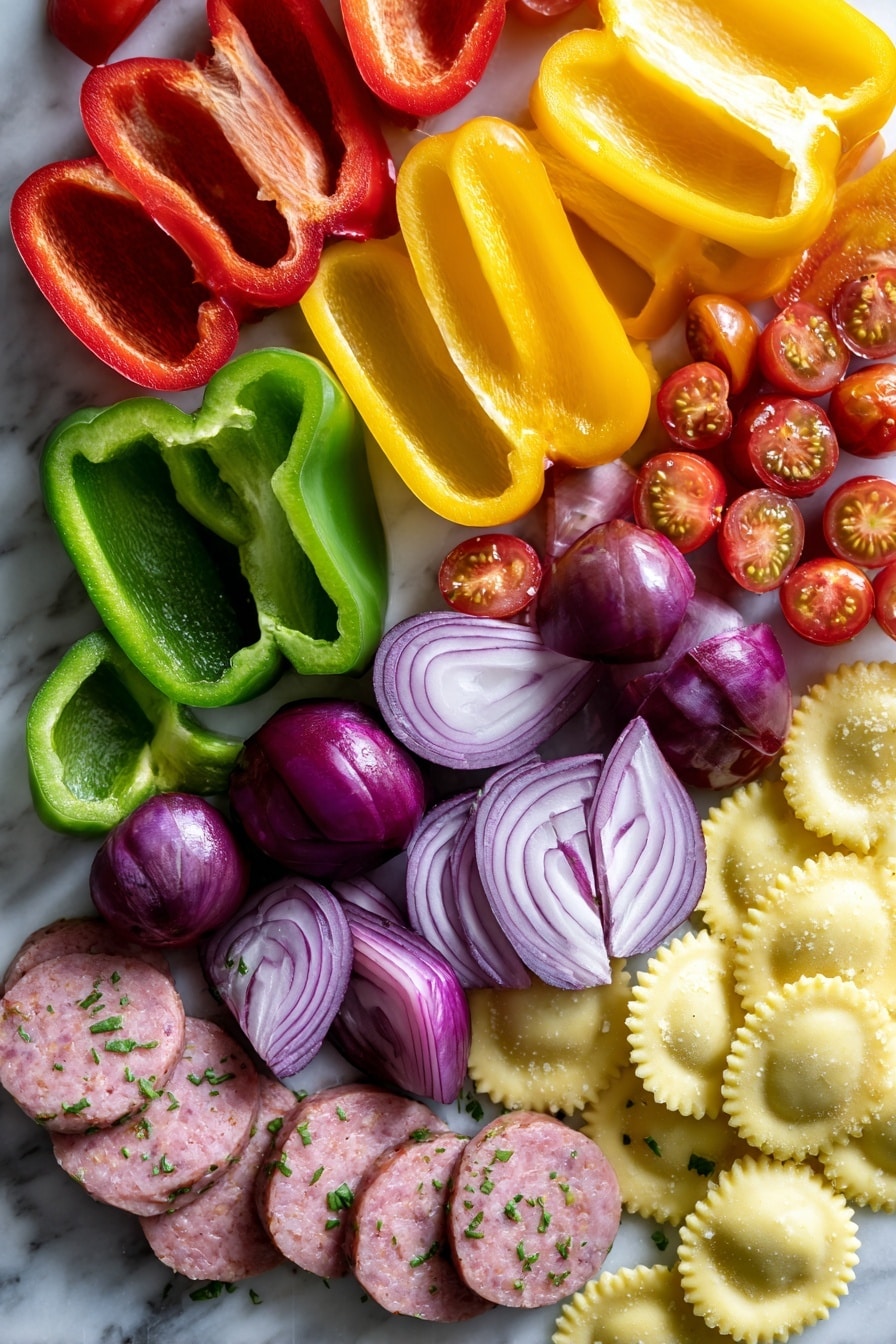 Flat lay of vibrant red, green, and yellow bell peppers cut into large chunks, deep purple-red small onions halved to show their layers, plump shiny red grape tomatoes sliced in halves, slices of pale pink Italian-style chicken sausage with flecks of cheese and herbs, and a handful of round, golden cheese ravioli with delicate ridges visible on their edges, all arranged naturally with a mix of smooth, glossy, and textured surfaces, placed on white marbled surface, photo taken with an iphone --ar 2:3 --v 7 - Lightning-Fast Cheesy Three-Pepper Ravioli with Italian Sausage, quick Italian sausage and pepper pasta, easy cheesy ravioli dinner, colorful 3-pepper pasta, weeknight pasta recipe