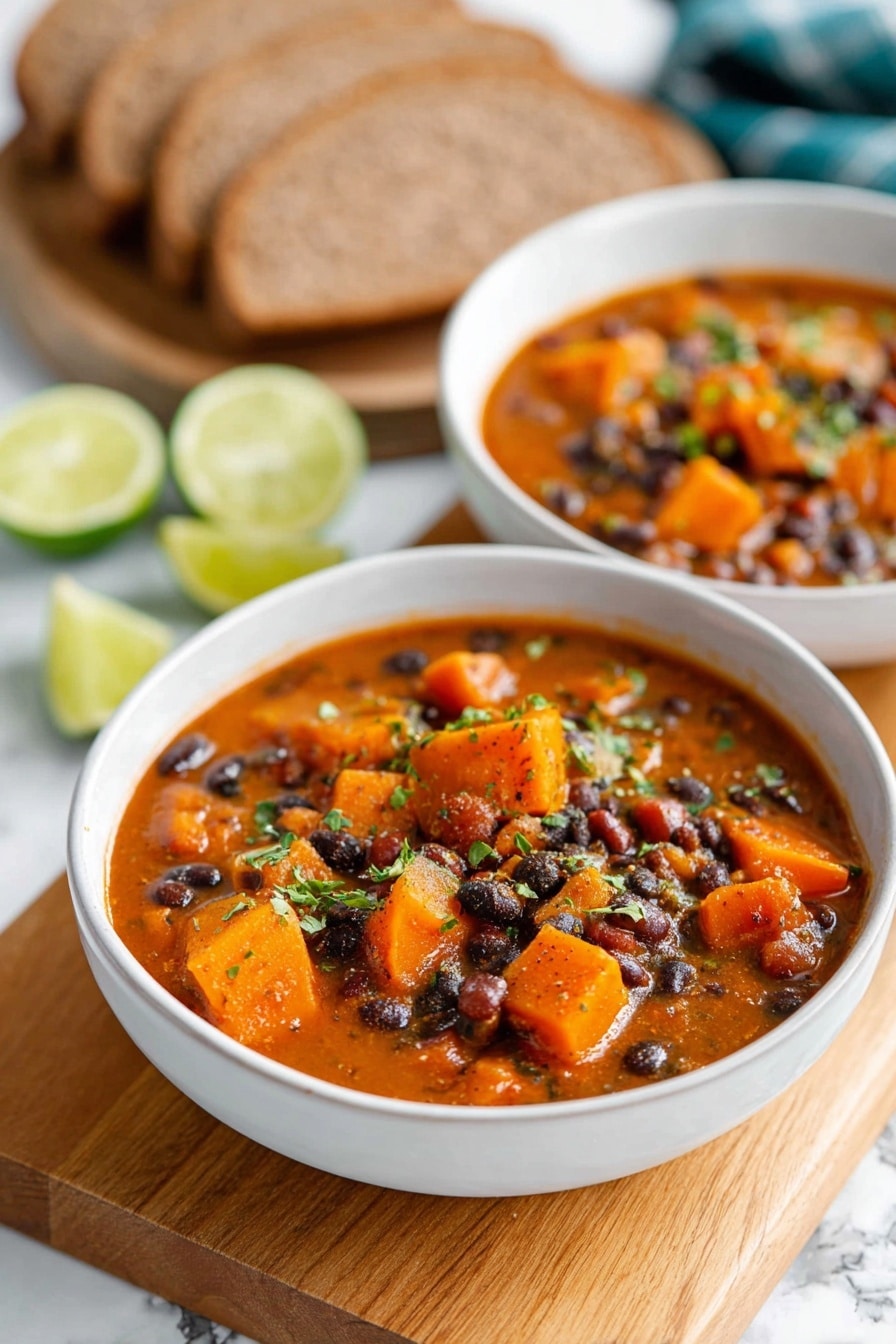 A white bowl filled with a stew made of three layers: bright orange cubes of sweet potato on the bottom and scattered through the stew, a layer of dark black beans mixed with cooked onions and small tomato pieces, all covered in a rich reddish-brown broth, topped with small green chopped herbs in the center. The bowl is placed on a wooden board with two silver spoons on the board behind it, sliced brown bread in the blurred background on a white marbled surface, and a lime wedge with green herbs on the right side. Another white bowl with the same stew is partially visible on the right. Photo taken with an iphone --ar 2:3 --v 7 - Sweet Potato Black Bean Soup, healthy vegan soup, easy vegetarian dinner, hearty fall soup, plant-based comfort food