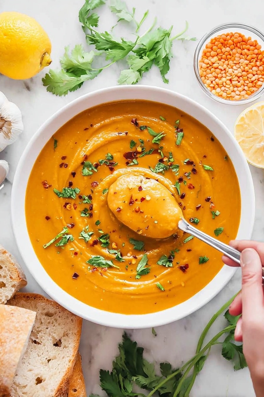 A large blue cooking pot filled with a smooth, thick orange soup covering the entire pot. A woman's hand holds a wooden spoon, stirring the soup which has a creamy texture with small bubbles on the surface. The pot is on a black cooktop set on a white marbled countertop. To the top right, there is a white bowl filled with orange lentils, and to the left, a striped cloth with two garlic bulbs and two garlic cloves resting on it. Photo taken with an iphone --ar 2:3 --v 7 - Creamy Red Lentil Soup, easy one-pot soup, high-protein vegetarian soup, nourishing red lentil recipe, quick healthy lentil soup