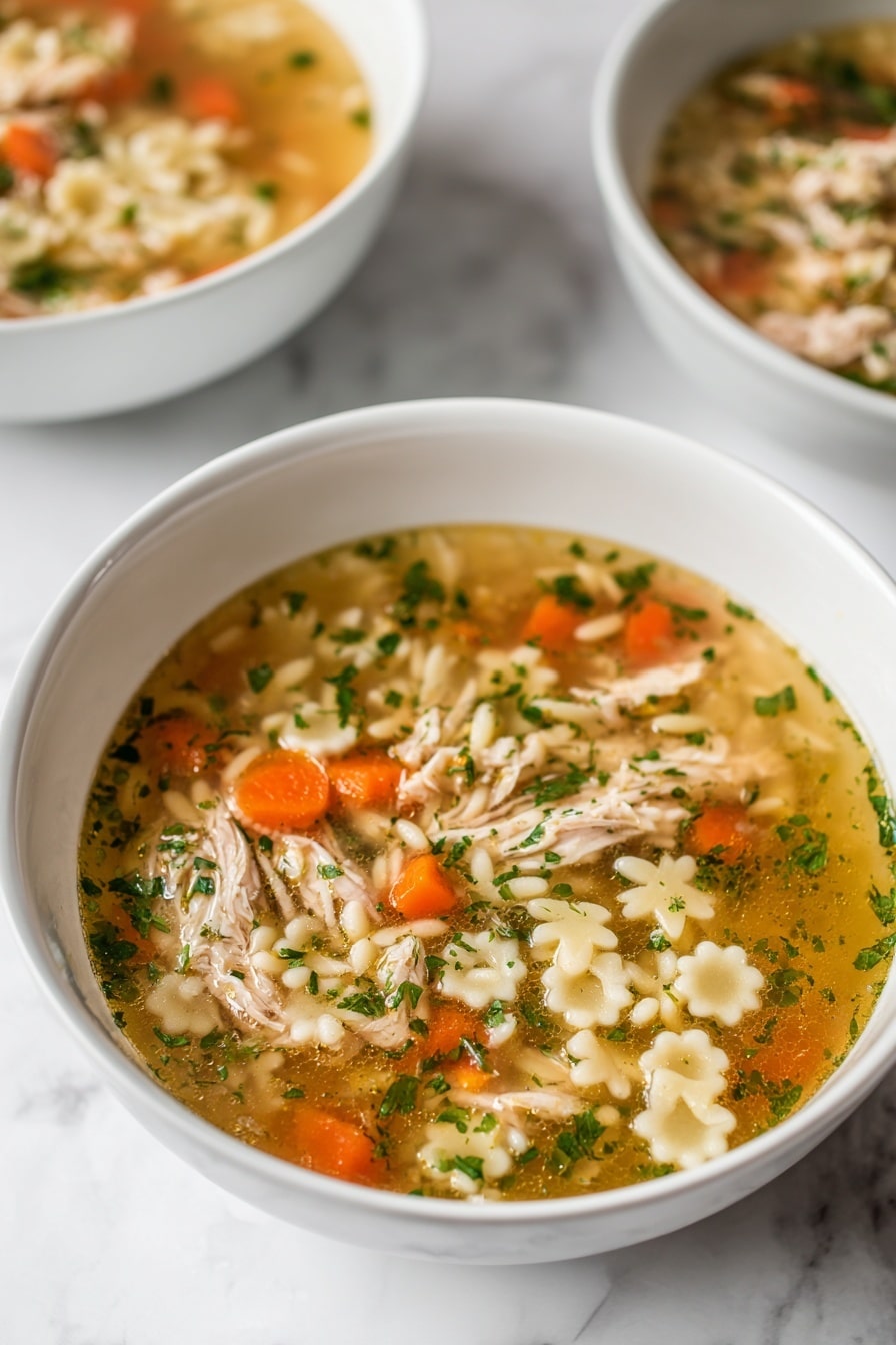 A white bowl filled with a warm soup showing three clear layers: a top layer with small chunks of orange carrots and bits of green parsley floating in a light, golden broth; a middle layer of soft white rice grains mixed with tender, light brown shredded chicken pieces; and a bottom thin layer of broth collecting at the base. The bowl sits on a white marbled surface, and in the background, another white bowl with the same soup is slightly out of focus, along with a metallic grater resting on the surface. photo taken with an iphone --ar 2:3 --v 7 - Parmesan Chicken Pastina Soup, cheesy chicken soup, comforting pasta soup, easy Italian chicken soup, homemade pastina soup