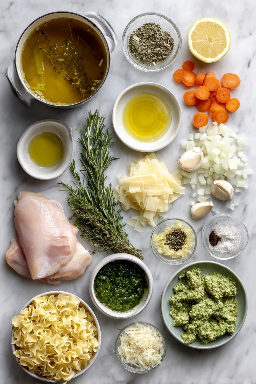 Flat lay of a small bowl of extra virgin olive oil and salted butter, one chopped yellow onion, two sliced shallots, six garlic cloves, four ribs of chopped celery, six chopped carrots, a small pile of fresh thyme leaves, a tablespoon of chopped fresh rosemary, a teaspoon of crushed fennel seeds, a large pot of chicken bone broth, two boneless chicken breasts, a small bowl of chopped broccoli florets, a small bowl of basil pesto, a handful of chopped baby spinach, a lemon wedge with juice dripping, a small heap of egg noodles, a small bowl of chopped parsley, parmesan cheese wedges and fresh dill sprigs placed on a white marble surface, photo taken with an iphone --ar 2:3 --v 7 - Lemony Pesto Chicken Noodle Soup, chicken noodle soup with lemon and pesto, citrus chicken soup recipe, healthy lemon pesto soup, comforting chicken soup with herbs