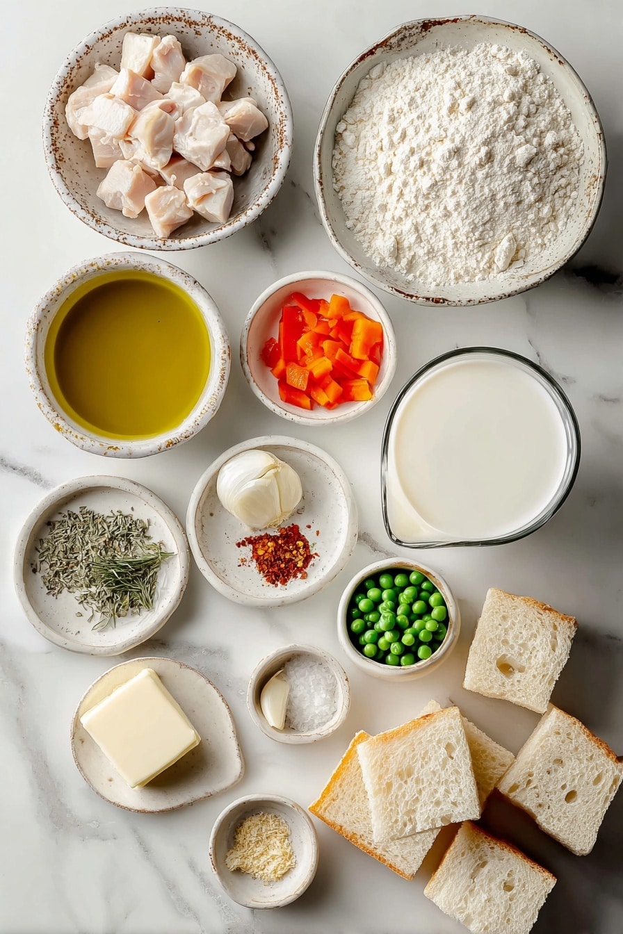 Flat lay of a small bowl of olive oil, a generous pat of unsalted butter, a small heap of flour, one minced garlic clove, half a small brown onion finely chopped, a small diced carrot, half a finely chopped red bell pepper, a small diced celery stick, a rustic bowl of chicken stock, a large glass of milk, a few scattered dried herbs and spices in small dishes, a handful of frozen peas, a cup of cooked diced chicken, and two slices of white bread cut into cubes, all placed on a white marble surface, photo taken with an iphone --ar 2:3 --v 7 - Homemade Cream of Chicken Soup, homemade chicken soup, easy chicken soup recipe, comforting homemade soup, creamy chicken soup from scratch