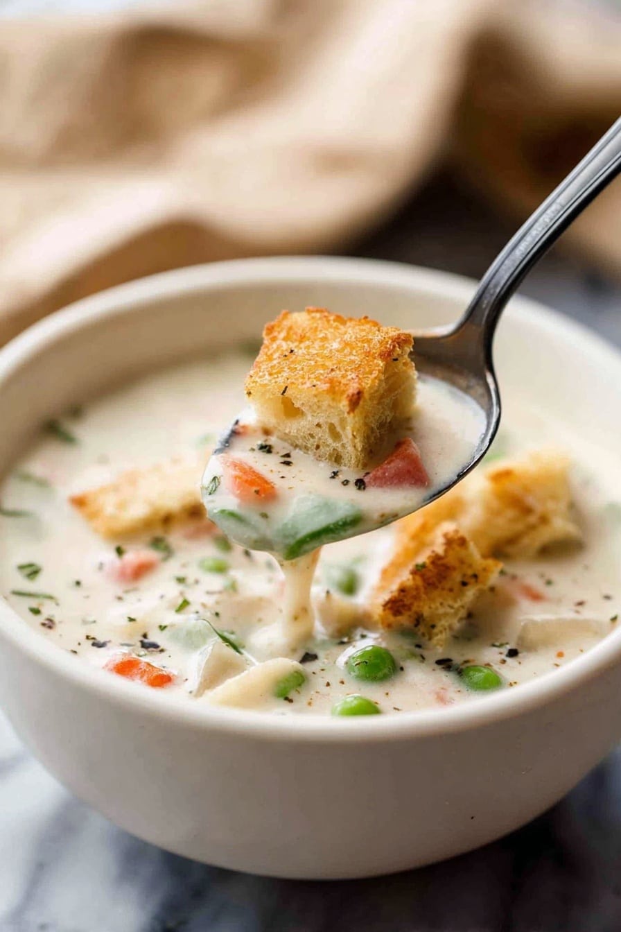 A bowl of creamy white soup fills a white bowl with a smooth texture. On top, there are small green peas and chunks of soft white meat mixed into the soup. Bright orange and red vegetable pieces add color, scattered among fresh green herbs. Golden brown croutons rest on the surface, giving a crispy contrast. The white bowl sits on a white marbled surface. Photo taken with an iphone --ar 2:3 --v 7 - Homemade Cream of Chicken Soup, homemade chicken soup, easy chicken soup recipe, comforting homemade soup, creamy chicken soup from scratch