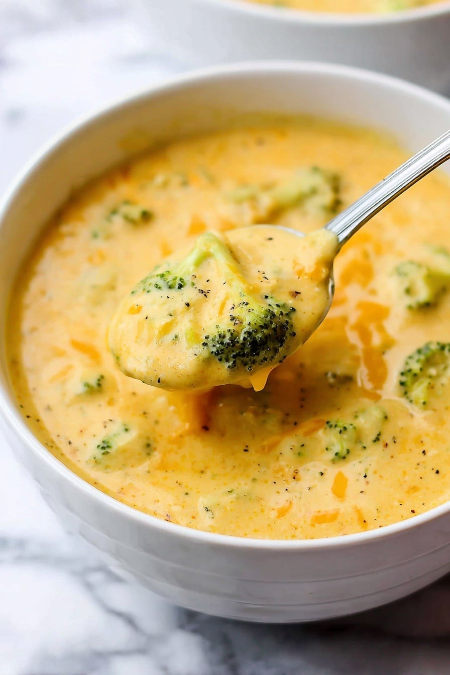 A white bowl filled with creamy yellow broccoli cheese soup sits on a white plate over a white marbled surface. The soup has small green broccoli florets and shredded orange cheese mixed in, with a smooth but thick texture. There is a silver spoon with an ornate handle resting inside the bowl on the right side, partially submerged in the soup. Light black pepper sprinkles are scattered on top, adding small dark spots. The image has soft natural lighting, highlighting the warm and comforting feel of the dish. Photo taken with an iphone --ar 2:3 --v 7 - Vegan Broccoli Cheddar Soup, dairy-free cheesy soup, plant-based broccoli soup, quick vegan soup recipes, creamy vegan soup
