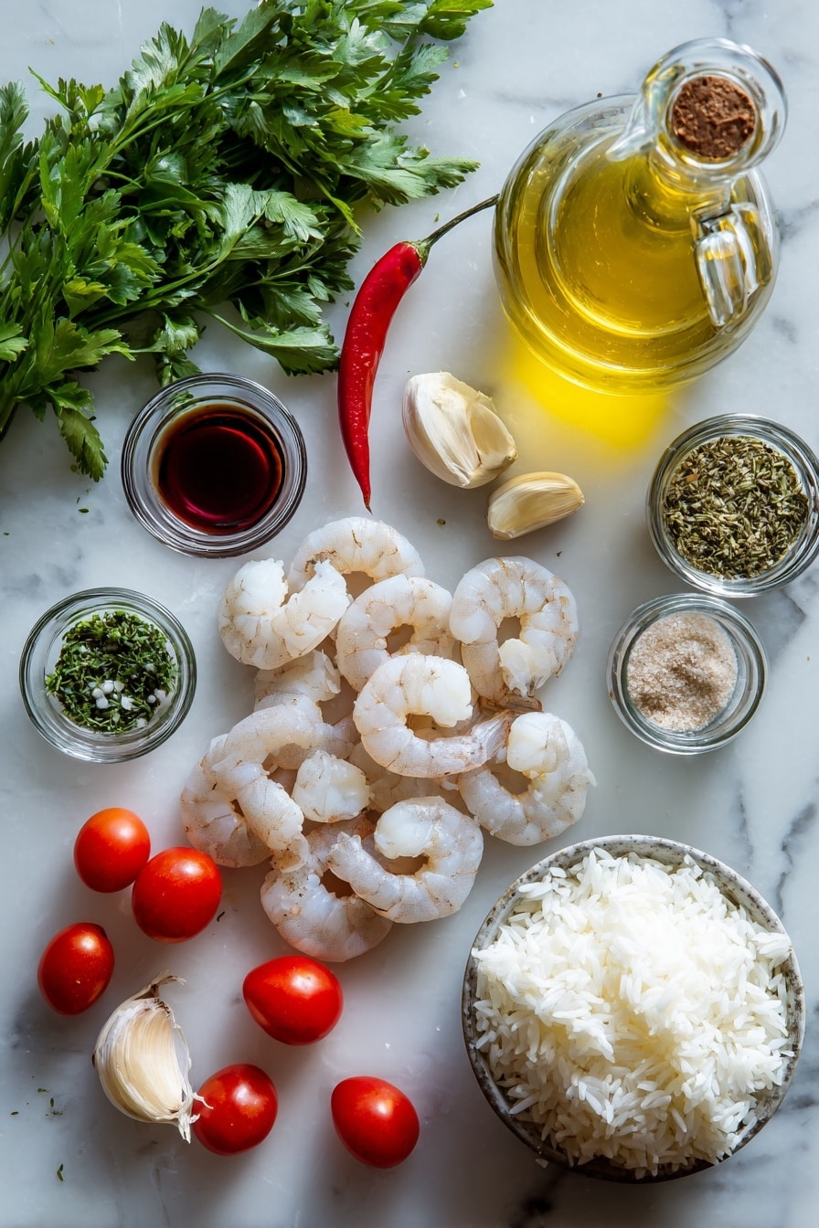 Flat lay of a small bottle of olive oil with some poured out, a couple of tablespoons of red wine vinegar in a tiny glass bowl, a generous handful of fresh parsley, one small red chile, three peeled garlic cloves, a teaspoon of dried oregano in a spice jar, a pinch of salt in a small pile, about a dozen raw jumbo shrimp arranged neatly, a small bowl of creamy tzatziki, a handful of halved cherry tomatoes, and a mound of fluffy white rice, placed on a white marble surface, photo taken with an iphone --ar 2:3 --v 7 - Chimichurri Shrimp with Rice and Tzatziki, grilled shrimp with chimichurri sauce, quick shrimp and rice dinner, easy seafood recipes, Mediterranean shrimp dish