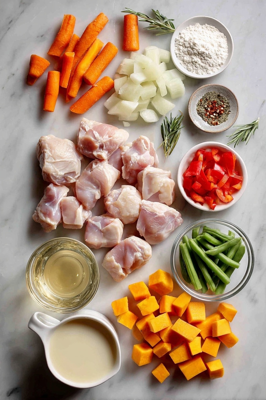 Flat lay of about eight diced boneless skinless chicken thighs, two diced carrots, one small chopped onion, two diced celery ribs, a small mound of all-purpose flour, a few sprigs of dried rosemary and thyme leaves alongside a pinch of ground sage, a handful of diced potatoes and sweet potatoes, half a finely diced red bell pepper, a small glass of white wine, a bowl of chicken broth, a cup of cut green beans, and a small cup of heavy cream placed on a white marble surface, photo taken with an iphone --ar 2:3 --v 7 - Hearty Chicken and Root Vegetable Stew, Chicken and Root Vegetable Stew, Comfort Food Stew, Nourishing Chicken Stew Recipe, Cozy Root Vegetable Soup