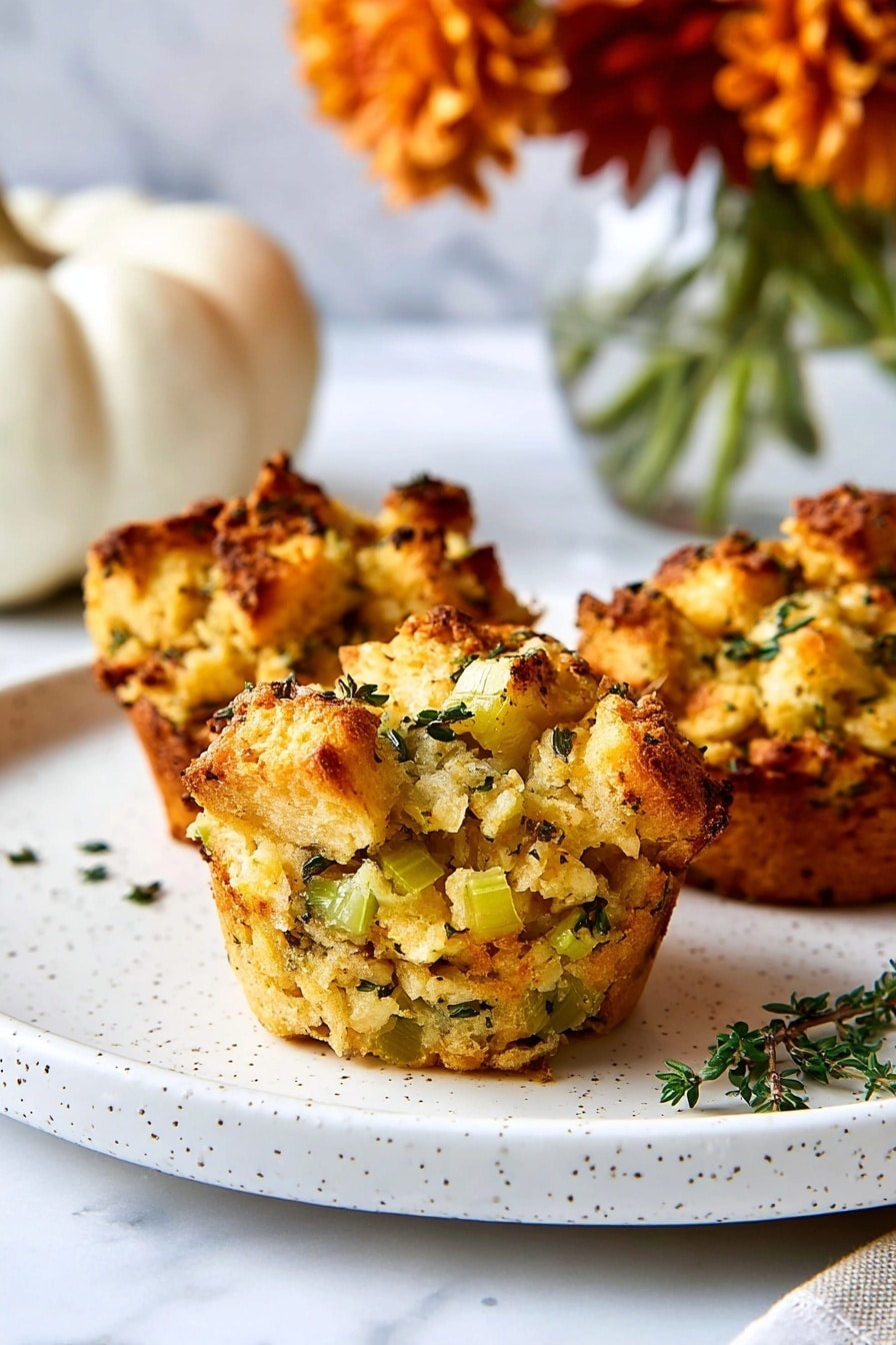 The image shows three savory bread muffins placed on a white plate with small speckles. Each muffin is layered with golden-brown toasted bread cubes mixed with green celery pieces and herbs, making a textured and crispy top layer, while the inside appears soft and slightly crumbly with visible bits of herb leaves throughout. In the background, there is a blurry white pumpkin and orange flowers in a clear vase sitting on a white marbled surface. The lighting is soft, highlighting the warm colors of the muffins and the autumn-themed setting. photo taken with an iphone --ar 2:3 --v 7 - Crispy-Edged Stuffing Muffins, Stuffins, holiday side dishes, savory stuffing muffins, festive stuffing recipes