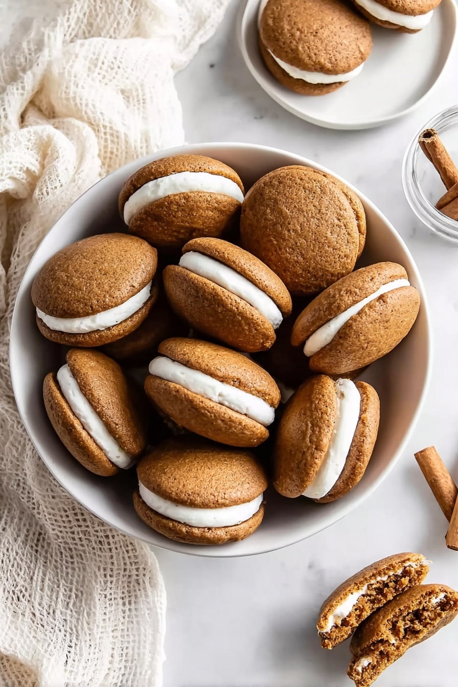 A white bowl filled with many sandwich cookies, each made of two round, soft brown layers with a smooth white cream filling in the middle. The cookies look soft and slightly bumpy on the surface. Nearby, on a white marbled surface, there is a white plate with three more cookies, one of which shows the inside with the cream and brown layers visible. In the corner, you see a white and beige cloth and a small glass with cinnamon sticks. The overall scene is light and cozy, with warm tones. photo taken with an iphone --ar 2:3 --v 7 - Easy Pumpkin Whoopie Pies, Pumpkin Whoopie Pies, Fall Cookie Recipes, Pumpkin Dessert Ideas, Easy Autumn Treats