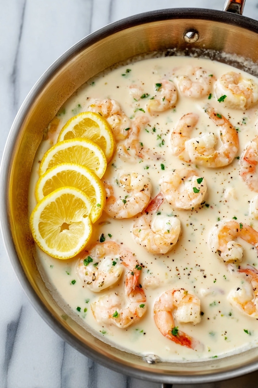 A white plate with brown speckles holds a dish with three layers. The bottom layer is creamy mashed potatoes with a soft texture in a light off-white color. On top of the potatoes is a thick, white sauce with herbs and visible black pepper flakes spread over, adding a smooth but slightly textured look. The top layer consists of five pinkish-orange cooked shrimp arranged in a small pile, their curled tails visible and some with light green herbs on them. A bright lemon wedge is placed on the left side of the potatoes, adding a pop of yellow color. The plate is set on a white marbled surface. photo taken with an iphone --ar 2:3 --v 7 - Creamy Lemon Garlic Parmesan Shrimp, Lemon Garlic Shrimp, Parmesan Shrimp Recipe, Easy Shrimp Dinner, Quick Seafood Recipes