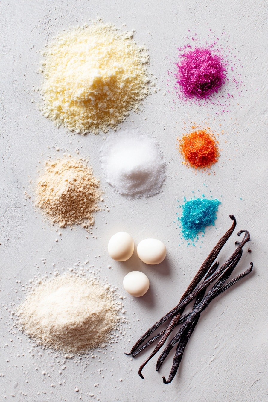 Flat lay of smooth egg whites in a small mound, delicate almond flour dusted lightly, a heap of fine superfine sugar sparkling softly, silky confectioners’ sugar piled gently, tiny drops of colorful gel food coloring in vibrant hues, a small pile of cream of tartar powder, and a few vanilla pods arranged elegantly, all placed on a white marble surface, photo taken with an iphone --ar 2:3 --v 7 - French Macarons, French Macarons Recipe, how to make French macarons, homemade French macarons, French Macarons tips