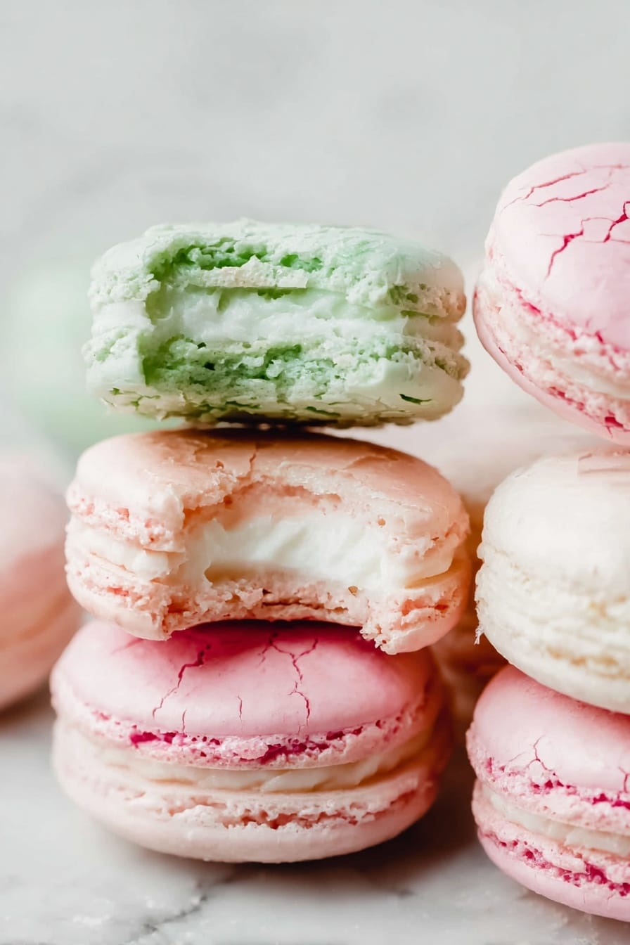 The image shows a close-up of several macarons stacked together on a white marbled surface. Two macarons in the front each have a bite taken out of them, revealing creamy white filling inside. The top bitten macaron is light green with a cracked, slightly rough texture on the shell, while the one below it is a soft pink with a similar cracked texture. To the right, there is a small stack of unbitten macarons in shades of pink, showing smooth shells and creamy white filling between two layers. The soft light highlights the delicate texture and pale colors of the macarons. photo taken with an iphone --ar 2:3 --v 7 - French Macarons, French Macarons Recipe, how to make French macarons, homemade French macarons, French Macarons tips
