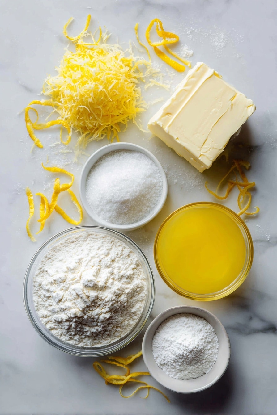 Flat lay of soft unsalted butter, granulated sugar crystals, bright fresh lemon zest curls, smooth all-purpose flour piles, fine white powdered sugar, small mound of cornstarch powder, and a glass of freshly squeezed lemon juice with vibrant yellow hues, all beautifully arranged with a few scattered lemon zest strips, placed on a white marble surface, photo taken with an iphone --ar 2:3 --v 7 - Lemon Meltaway Cookies, citrus cookies recipe, lemon cookies with glaze, tender lemon cookies, easy lemon cookies