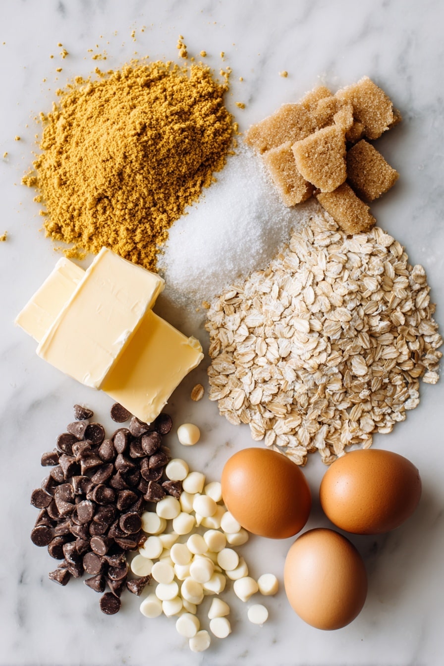 Flat lay of golden unsalted butter, light brown sugar packed in a small heap, bright butterscotch pudding mix packet opened with powder spilling slightly, quick oats scattered artfully, plump butterscotch chips, rich semi-sweet chocolate chips, creamy white chocolate chips, and smooth vanilla beans, all beautifully arranged with a few fresh eggs nearby, placed on a white marble surface, photo taken with an iphone --ar 2:3 --v 7 - Butterscotch Pudding Cookies with Chocolate and White Chocolate Chips, easy butterscotch pudding cookies, soft chocolate chip cookies, melt-in-your-mouth cookies, homemade cookie recipes