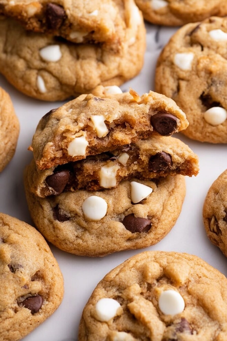 The image shows several soft cookies stacked on a white marbled surface. One cookie is split in half and placed on top of another cookie in the center, showing a soft and chewy inside with visible white, dark brown, and light brown chips mixed throughout the golden-brown dough. The whole cookies surrounding it are round, slightly bumpy, and dotted with dark brown, white, and light brown chips scattered across their tops. The overall look is warm and inviting with a variety of chip colors adding contrast to the golden cookie dough. Photo taken with an iphone --ar 2:3 --v 7 - Butterscotch Pudding Cookies with Chocolate and White Chocolate Chips, easy butterscotch pudding cookies, soft chocolate chip cookies, melt-in-your-mouth cookies, homemade cookie recipes