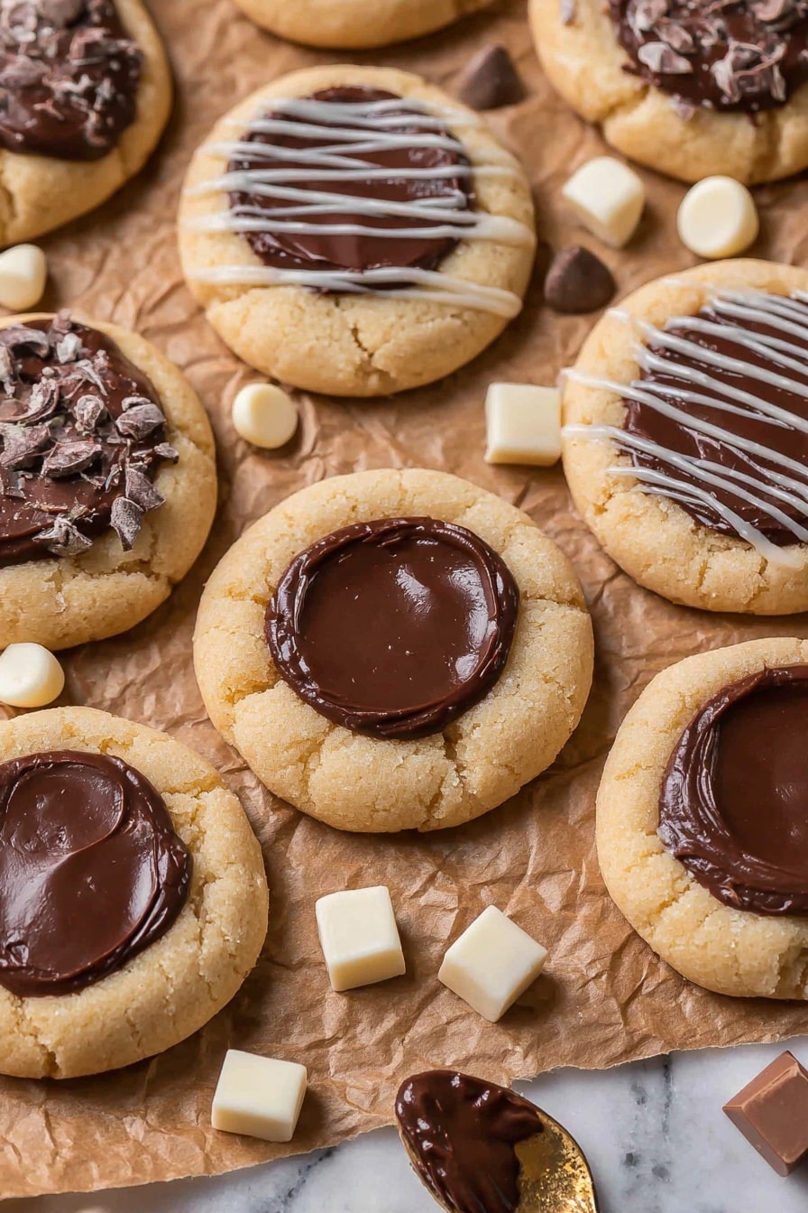 The image shows a group of round cookies on crinkled brown parchment paper placed on a white marbled surface. The cookies have a pale, light golden dough base about one layer thick, with a smooth, dark brown chocolate circle spread in the center of each cookie. Some cookies are decorated with thin zigzag lines of white and dark chocolate drizzled on top in a second layer. Scattered around the cookies are small white chocolate drops and square dark chocolate pieces. A small part of a gold spoon with some chocolate on it is visible in the bottom right corner. Photo taken with an iphone --ar 2:3 --v 7 - Nutella Thumbprint Cookies, soft buttery cookies with Nutella, easy Nutella cookie recipe, chocolate hazelnut cookies, thumbprint cookie ideas