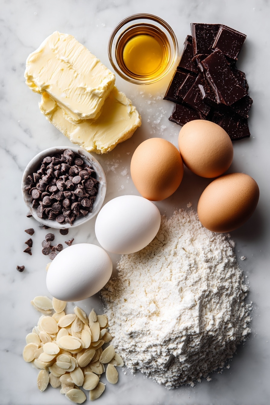 Flat lay of soft unsalted butter, granulated sugar sparkling in a small pile, three large fresh eggs with smooth shells, a small glass of golden vanilla extract, heaps of all-purpose flour dusted lightly, a scattering of slivered almonds with a rich texture, mini chocolate chips glistening dark, and glossy dark chocolate melting wafers, all beautifully arranged and contrasting on a white marble surface, photo taken with an iphone --ar 2:3 --v 7 - Chocolate Chip Almond Biscotti, biscotti recipe with almonds and chocolate chips, Italian biscotti cookies, crunchy almond biscotti, homemade biscotti with chocolate