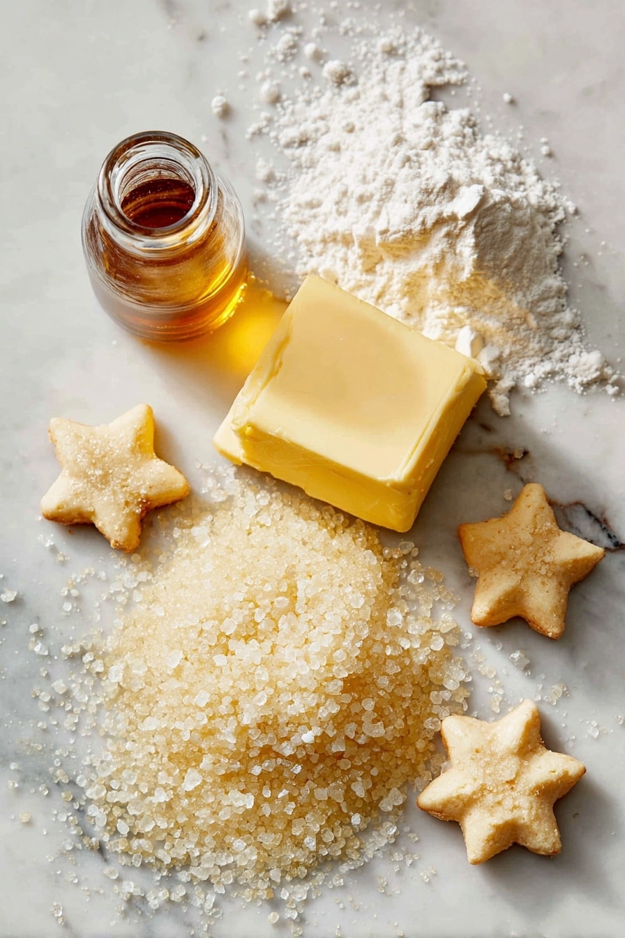 Flat lay of soft butter at room temperature, a small heap of powdered sugar, a tiny glass bottle of vanilla extract, fine cake flour scattered lightly, a few delicate star-shaped piped butter cookies, and a sprinkle of granulated sugar crystals beautifully arranged in a natural, inviting way, placed on a white marble surface, photo taken with an iphone --ar 2:3 --v 7 - Danish Butter Cookies, buttery cookies, easy cookie recipe, homemade Danish cookies, crisp buttery treats