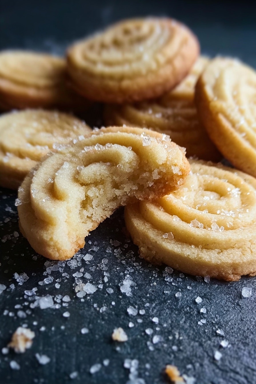 The image shows a close-up of several light golden brown, round cookies with a spiral pattern and a slightly rough texture on a dark surface sprinkled with large sugar crystals. One cookie in the front is broken in half, revealing a soft and crumbly inside with a pale beige color. The cookies have a slightly crisp edge and a soft center, with visible sugar crystals on top adding sparkle. In the background, a white marbled surface is visible. photo taken with an iphone --ar 2:3 --v 7 - Danish Butter Cookies, buttery cookies, easy cookie recipe, homemade Danish cookies, crisp buttery treats