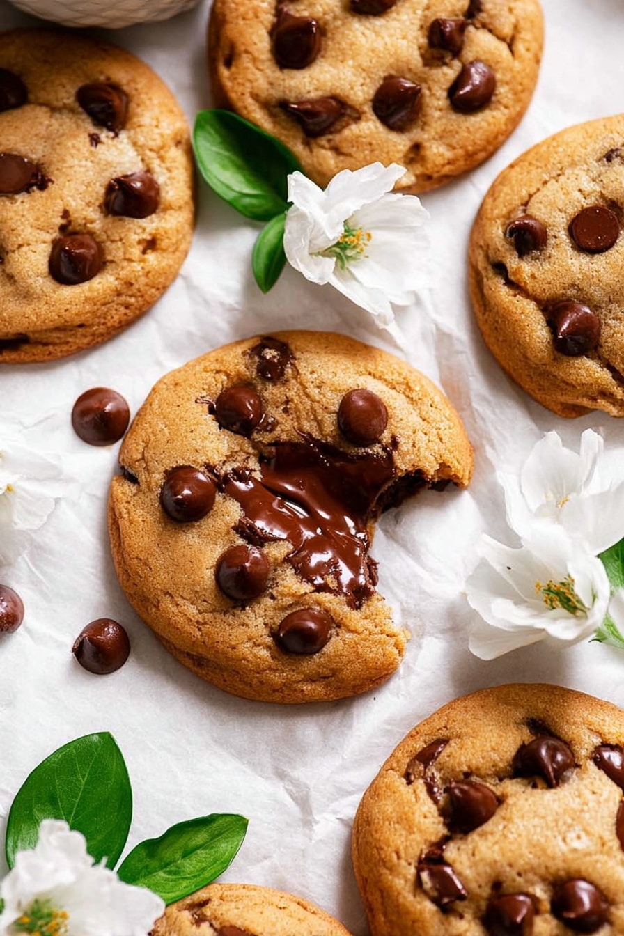 The image shows a group of golden brown chocolate chip cookies with a soft texture, arranged on a white marbled surface covered with pale white parchment paper. Each cookie is dotted with dark, glossy chocolate chips that create contrast against the warm cookie dough. One cookie is broken, revealing a melted chocolate center with a smooth, shiny texture. Around the cookies, there are several white flowers with green leaves, adding freshness and color to the scene. The photo taken with an iphone --ar 2:3 --v 7 - Nutella Stuffed Cookies, chocolate hazelnut cookies, gooey Nutella cookies, easy Nutella cookie recipe, decadent stuffed cookies