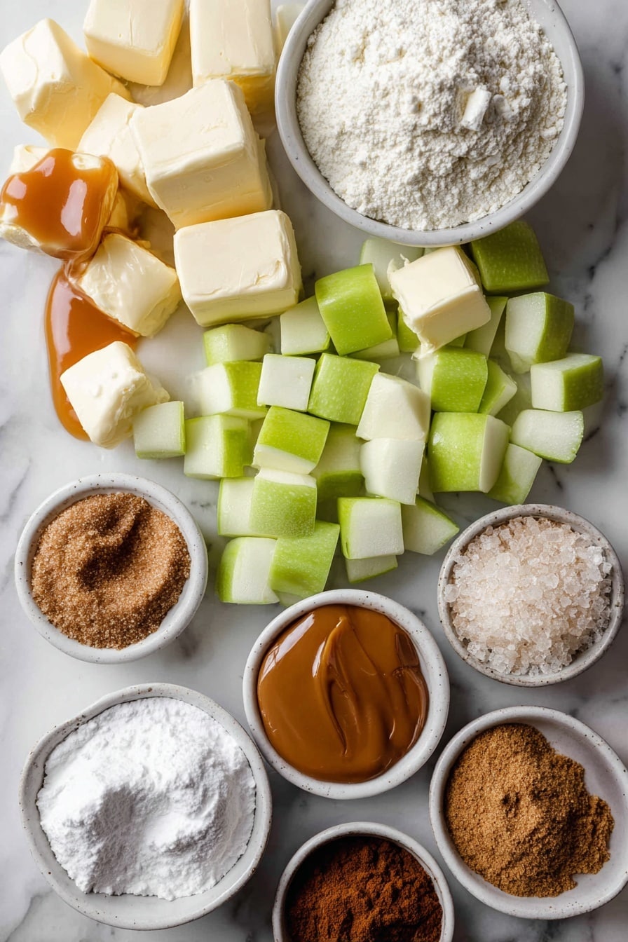 Flat lay of soft cubes of cold butter, scoops of creamy softened butter and cream cheese, glistening caramel sauce drizzled artistically, bright green apple cubes, small piles of granulated sugar and dark brown sugar, dustings of cinnamon and nutmeg powder, scattered all-purpose flour, and a rich scoop of powdered sugar, all beautifully arranged on a white marble surface, photo taken with an iphone --ar 2:3 --v 7 - Caramel Apple Cookies Crumbl Copycat, caramel apple cookie recipe, cinnamon apple cookies, homemade apple caramel dessert, fall cookie recipes