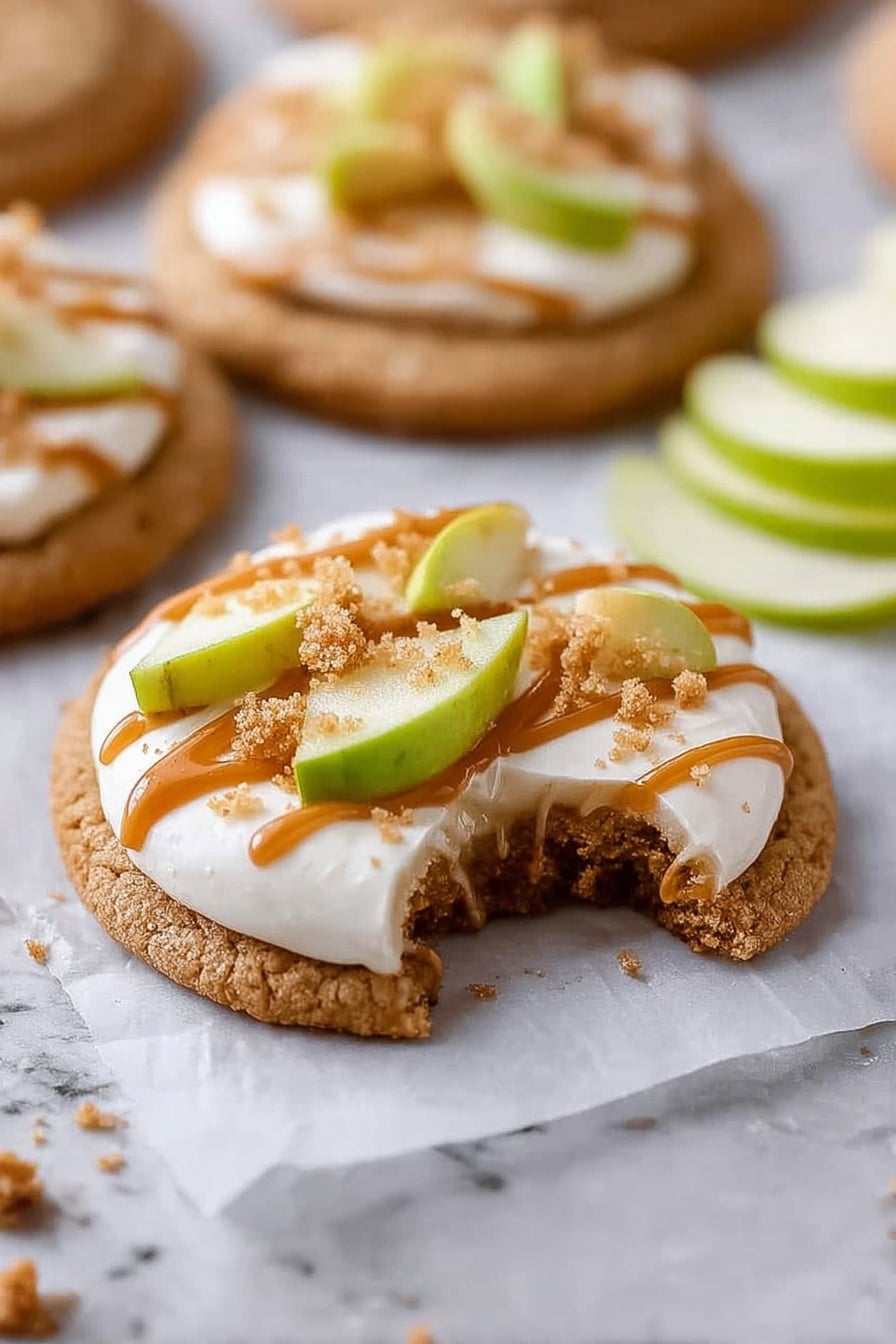 A single round cookie with a light brown color forming the base layer has a bite taken out of its side, showing a soft texture inside. On top of the cookie is a thick layer of smooth white cream, spread evenly. Scattered on the cream are small, light brown crumbly bits that add texture. Small green apple pieces with a shiny surface sit on the crumbs. Drizzled over everything is a caramel-colored sauce in thin lines across the top. The cookie rests on a piece of white parchment paper on a white marbled surface, with blurred cookies and green apple slices in the background. Photo taken with an iphone --ar 2:3 --v 7 - Caramel Apple Cookies Crumbl Copycat, caramel apple cookie recipe, cinnamon apple cookies, homemade apple caramel dessert, fall cookie recipes