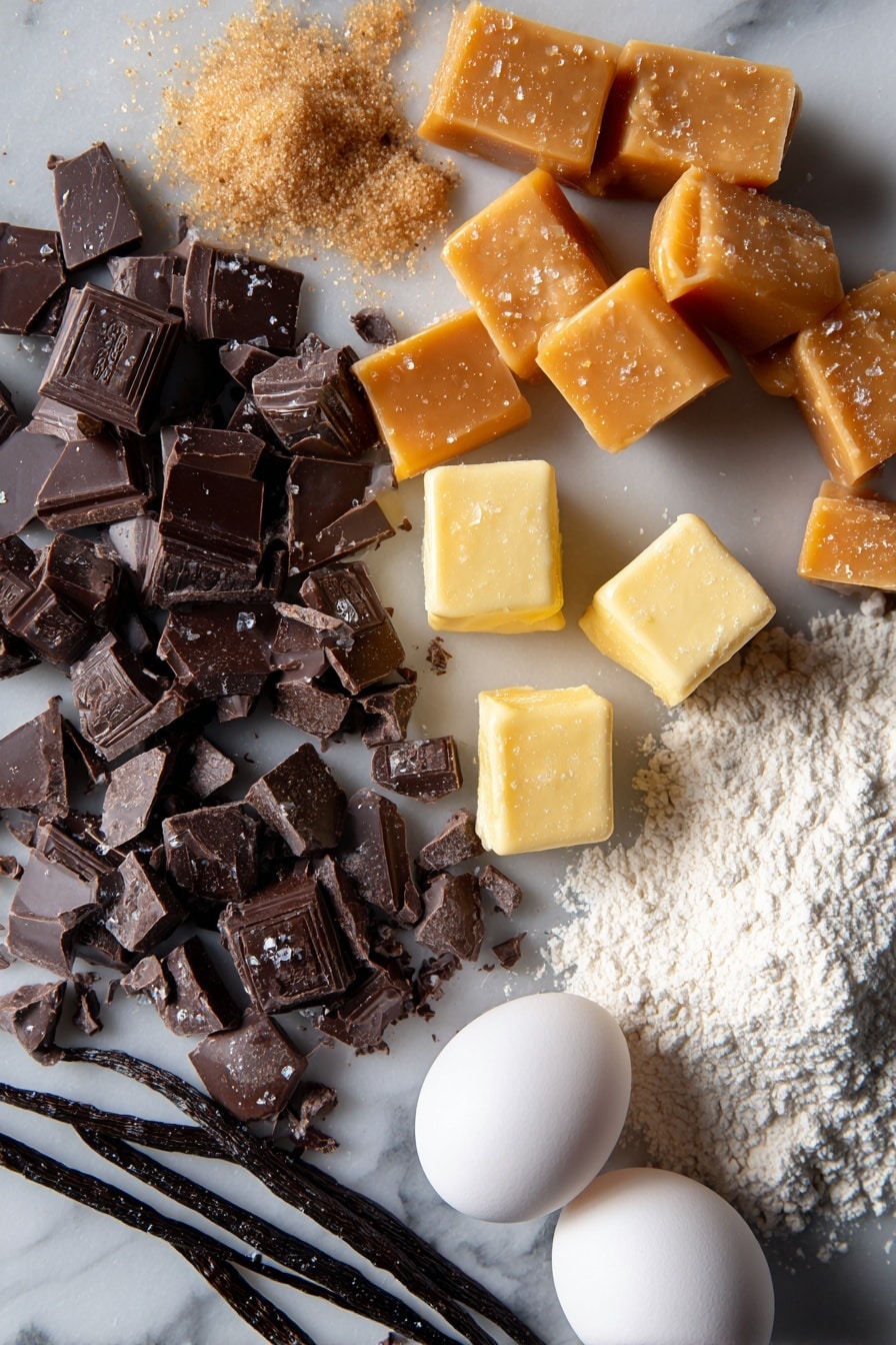 Flat lay of coarsely chopped dark chocolate chunks, golden hard caramel pieces shimmering with a glossy finish, light brown sugar crystals in a small pile, creamy unsalted butter cubes, whole vanilla beans split open showing tiny seeds, glossy large eggs with smooth shells, scattered sea salt flakes catching the light, and a heap of soft all-purpose flour, all beautifully arranged with balanced spacing and natural light highlights, placed on a white marble surface, photo taken with an iphone --ar 2:3 --v 7 - Chewy Salted Caramel Chocolate Chip Cookies, caramel chocolate chip cookies, homemade cookie recipes, soft chewy cookie recipe, salted caramel cookies