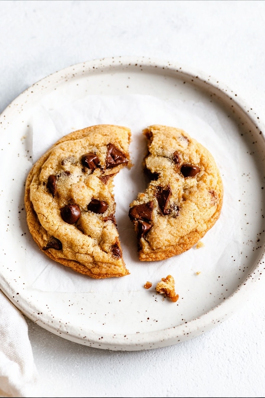 A round cookie with a light golden-brown color is placed on a square white paper on a white plate with a speckled rim. The cookie is broken into two uneven halves, showing a soft and slightly chewy texture with melting dark chocolate chips inside. The background is a white marbled texture, and part of a white cloth is visible on the side. photo taken with an iphone --ar 2:3 --v 7 - Chewy Salted Caramel Chocolate Chip Cookies, caramel chocolate chip cookies, homemade cookie recipes, soft chewy cookie recipe, salted caramel cookies