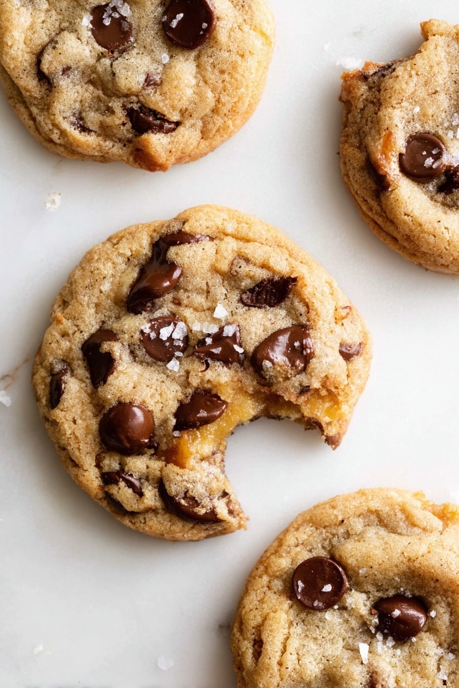 The image shows four soft chocolate chip cookies placed directly on a white marbled surface. One cookie in the center has a bite taken out of it, revealing a slightly chewy, light brown inside with melted chocolate chips. The cookies have a rough, uneven texture typical of homemade treats with golden-brown edges and darker chocolate chips scattered on top. Small grains of sea salt are sprinkled on one of the cookies, adding a subtle contrast to the smooth chocolate and crumbly dough. photo taken with an iphone --ar 2:3 --v 7 - Chewy Salted Caramel Chocolate Chip Cookies, caramel chocolate chip cookies, homemade cookie recipes, soft chewy cookie recipe, salted caramel cookies