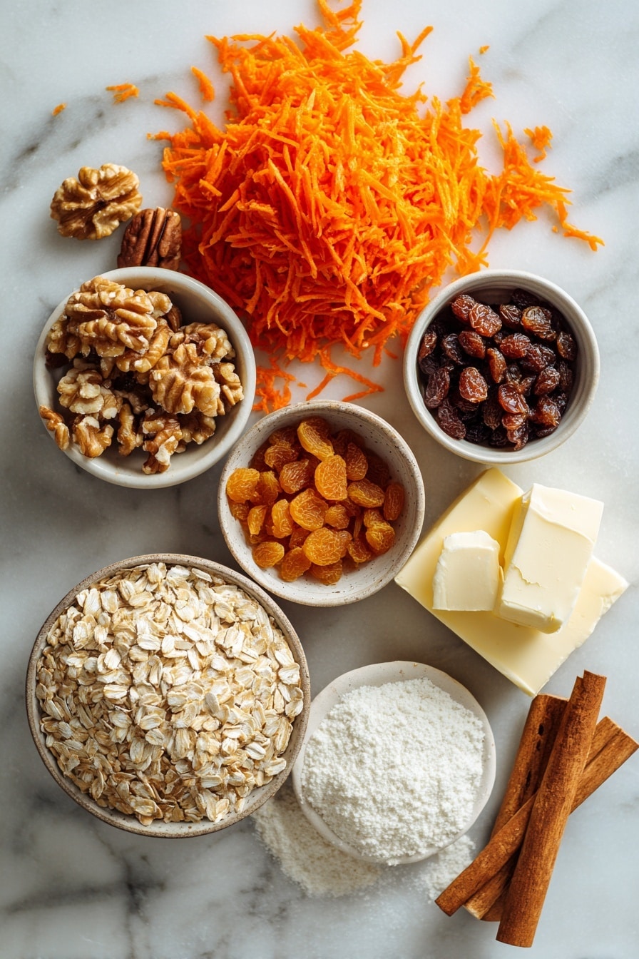 Flat lay of bright orange shredded carrots, plump golden raisins, chopped walnut halves, rustic old-fashioned oats, a mound of light brown sugar, smooth cream cheese, sticks of unsalted butter, and a small pile of warm brown cinnamon and nutmeg spices, all beautifully arranged with soft natural light and gentle shadows, placed on a white marble surface, photo taken with an iphone --ar 2:3 --v 7 - Carrot Cake Cookies, carrot cake cookies recipe, chewy carrot cake cookies, homemade carrot cake cookies, best carrot cake cookies