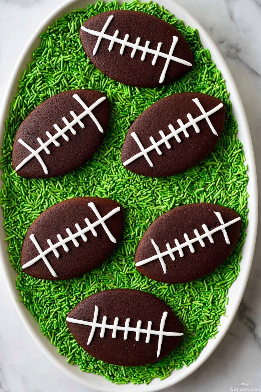 The image shows a white oval plate filled with bright green sprinkles as the base layer, creating a textured and vibrant background. On top of the sprinkles, there are six football-shaped chocolate cookies arranged evenly across the plate. Each cookie is dark brown with a smooth surface and decorated with white icing lines that mimic the stitching of a football, including three vertical laces in the center and curved side lines. The overall look is playful and festive, with clear contrast between the dark cookies and the bright green sprinkles, set against a white marbled surface. Photo taken with an iphone --ar 2:3 --v 7 - Chocolate Football Cookies, game day cookie ideas, festive chocolate cookies, easy football themed desserts, party cookies for sports fans