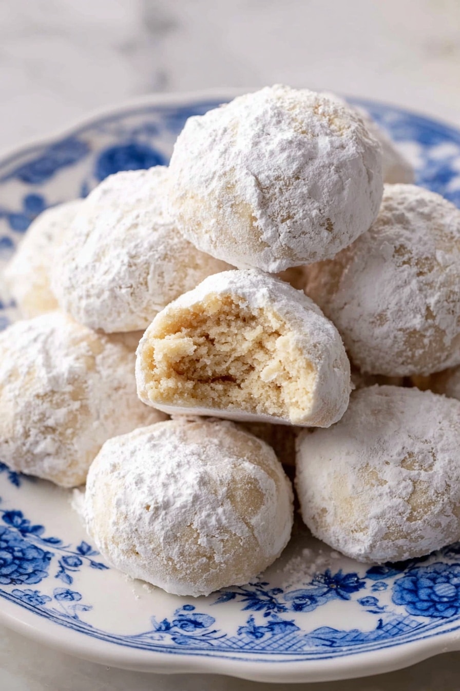 A pile of round cookies covered in white powdered sugar sits on a white plate with blue floral patterns. The cookies have a soft, slightly crumbly texture visible through one cookie that has a bite taken out of it, showing a pale beige inside. The powdered sugar coats each cookie evenly, creating a soft, snowy layer on top. The plate is placed on a white marbled surface. photo taken with an iphone --ar 2:3 --v 7 - Mexican Wedding Cookies, Polvorones, traditional Mexican cookies, buttery nut cookies, easy holiday cookies