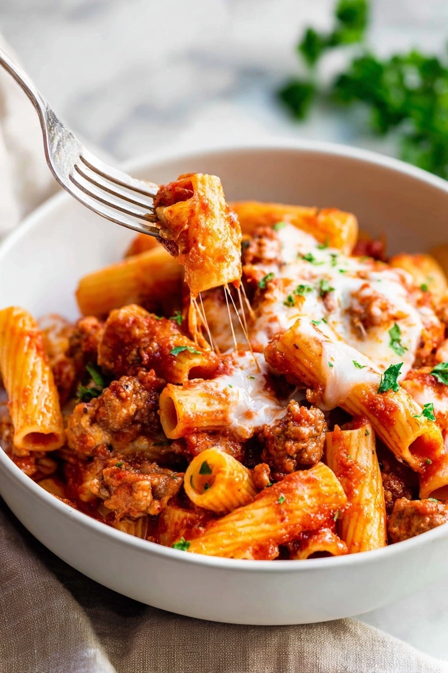 The image shows a white bowl filled with rigatoni pasta covered in a bright red tomato sauce mixed with browned sausage pieces. On top, melted white cheese is stretched over some pasta, with small green parsley leaves scattered for garnish. A silver fork is inserted into the bowl, pulling some pasta and cheese up. The bowl rests on a light beige cloth on a white marbled background, with some green parsley leaves partially visible to the side. Photo taken with an iphone --ar 2:3 --v 7 - Slow Cooker Baked Ziti, easy baked ziti, crockpot pasta recipes, comforting pasta dishes, one-pot ziti