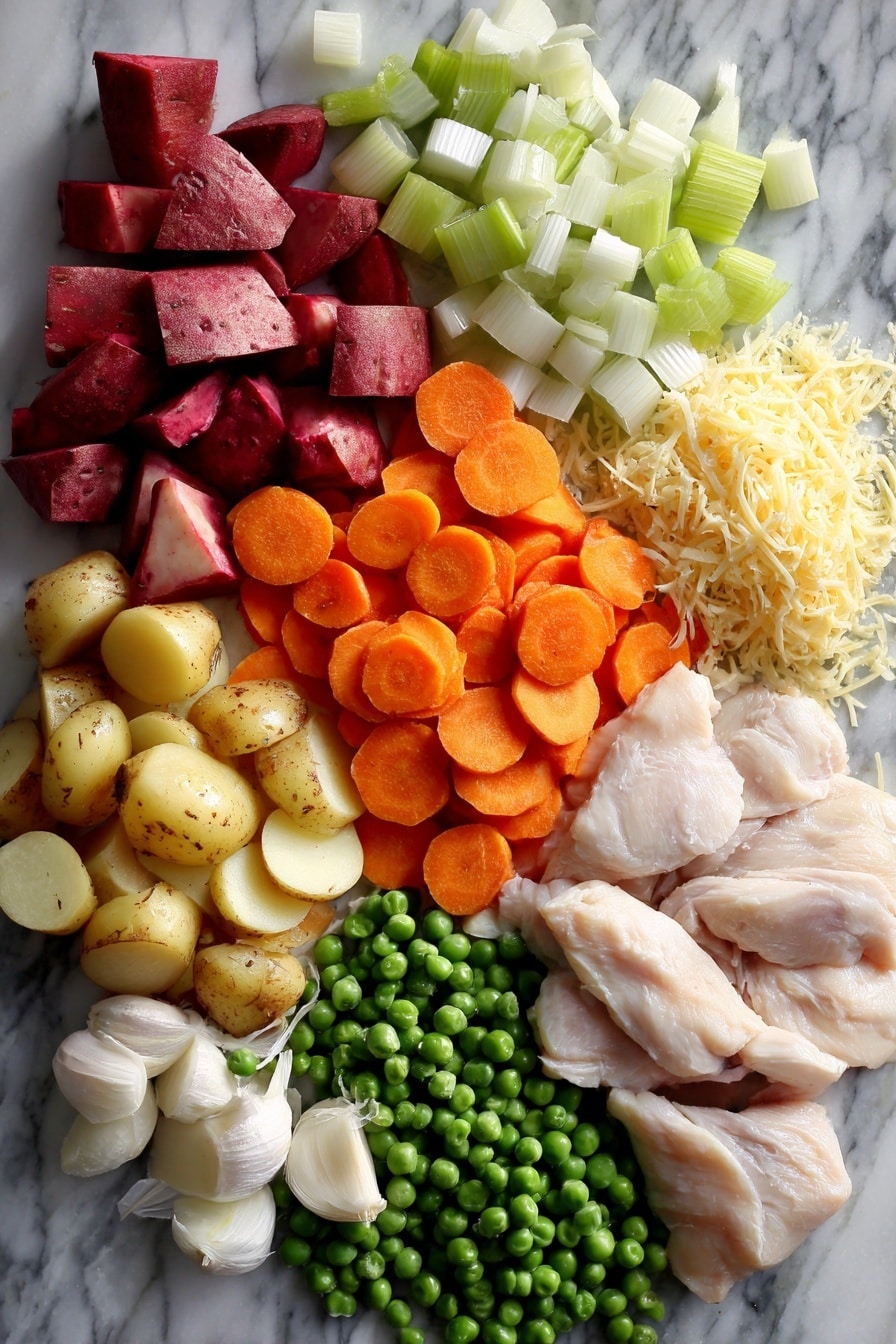 Flat lay of vibrant red potato chunks, thinly sliced bright orange carrots, crisp green celery pieces, finely chopped white onion, peeled garlic cloves, fresh green peas, tender raw chicken breasts, and a small pile of shredded pale yellow Parmesan cheese, all beautifully arranged on a white marble surface, photo taken with an iphone --ar 2:3 --v 7 - Slow Cooker Garlic Parmesan Chicken Stew, easy chicken stew recipes, creamy garlic chicken, hearty slow cooker meals, comforting chicken stew