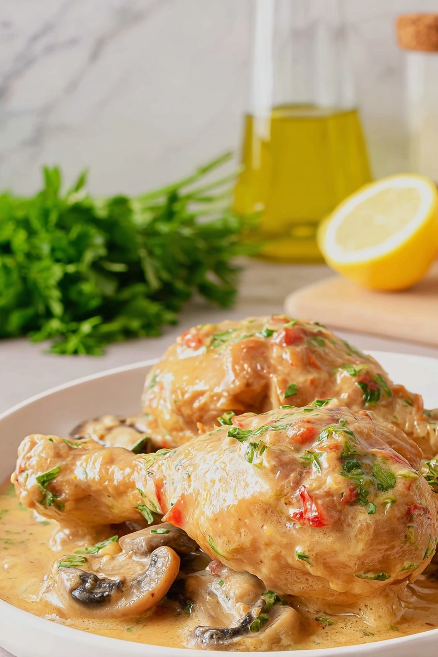 The image shows two chicken drumsticks covered in a thick, creamy light brown sauce with small pieces of red and green herbs or vegetables. The drumsticks rest on a white plate with sliced mushrooms and some green parsley for garnish. The sauce has a smooth texture and slightly glossy finish, pooling around the base of the drumsticks. Behind the plate, there is a blurred background featuring a bunch of green herbs, a glass container with yellow oil, and a lemon half, all placed on a white marbled surface. Photo taken with an iphone --ar 2:3 --v 7 - Slow Cooker Creamy Chicken and Mushrooms, creamy chicken and mushroom dinner, easy slow cooker chicken recipe, comforting chicken recipes, effortless chicken crockpot dish
