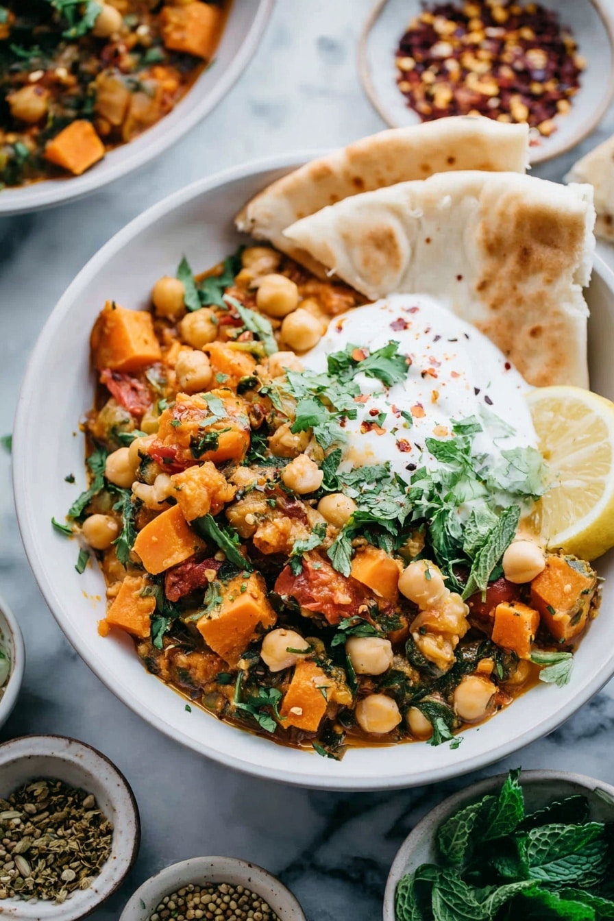 A white bowl filled with a colorful chickpea dish that has orange sweet potato chunks, green herbs like cilantro, and small pieces of tomato mixed in. A dollop of white yogurt is on one side, topped with cilantro. A lemon wedge is placed beside the yogurt, and two pieces of soft, lightly browned pita bread are tucked on the side of the bowl. The bowl sits on a surface with a white marbled texture, surrounded by small dishes holding red pepper flakes, fresh green mint leaves, and mustard seeds. Photo taken with an iphone --ar 2:3 --v 7 - Indian Chickpea Sweet Potato Stew, vegan gluten-free Indian stew, healthy chickpea sweet potato recipe, comforting Indian vegan stew, easy vegan Indian stew