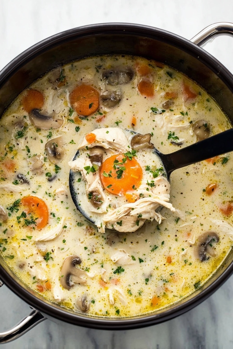 The image shows a black pot filled with creamy chicken soup made of several visible layers. The soup has white creamy broth with floating pieces of shredded white chicken, sliced orange carrots, and soft brown mushrooms scattered evenly throughout. Small bits of green herbs are sprinkled on top, adding color contrast. A black ladle dips into the soup from the upper right, scooping up a portion with a carrot slice, chicken pieces, mushroom, and broth. The pot sits on a white marbled surface. photo taken with an iphone --ar 2:3 --v 7 - Easy Chicken Stew, hearty chicken stew, comforting stew recipe, simple chicken stew, homemade chicken stew