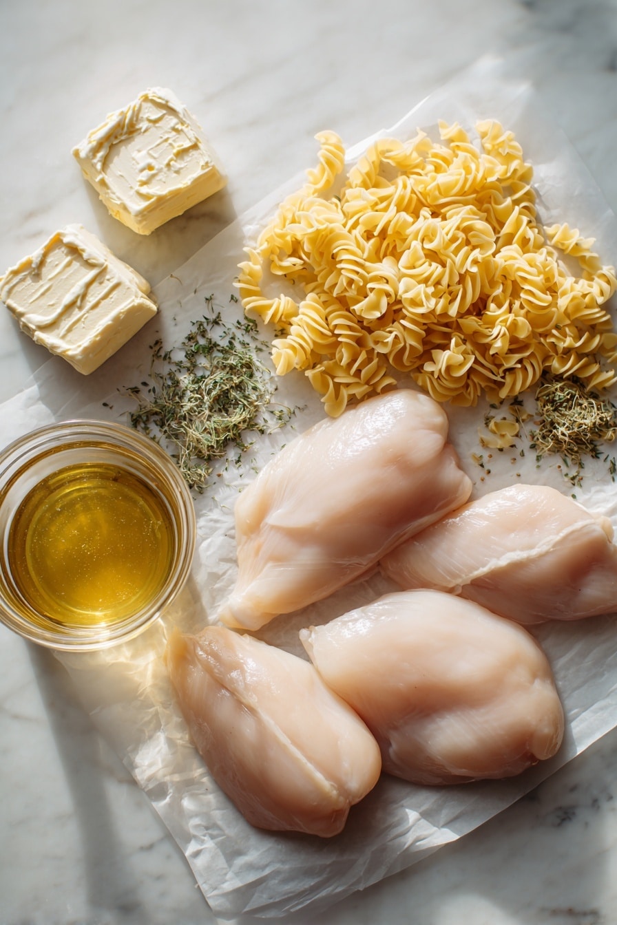Flat lay of raw boneless, skinless chicken breasts, two unopened cans of cream of chicken soup, dried parsley sprinkled loosely, pale yellow stick of butter sliced into pats, uncooked curly egg noodles arranged in small piles, and a clear glass jar filled with golden chicken broth, all beautifully arranged with natural light highlighting their textures, placed on a white marble surface, photo taken with an iphone --ar 2:3 --v 7 - Crockpot Chicken and Noodles, slow cooker chicken pasta, easy chicken noodle meal, comforting crockpot dinner, creamy chicken and noodles