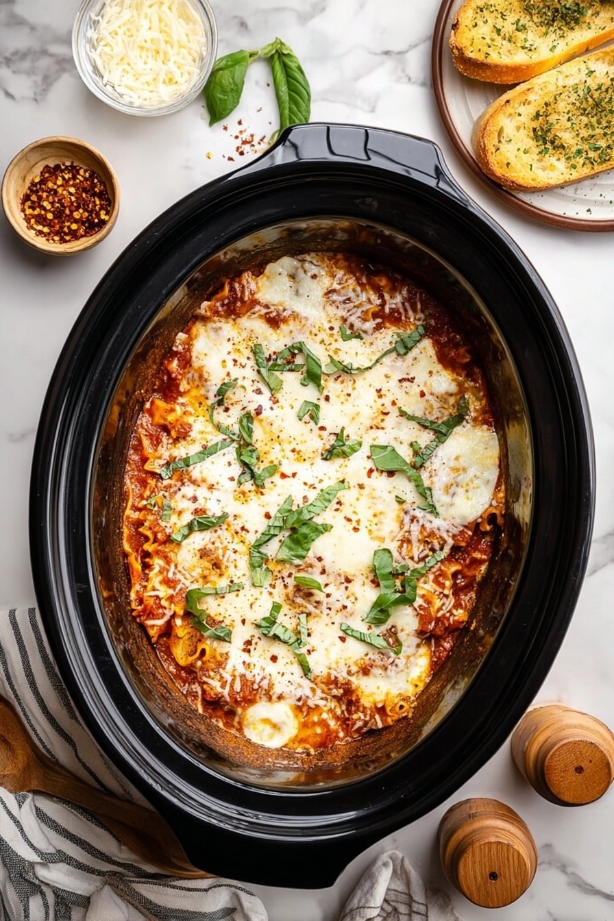 The image shows a black oval slow cooker filled with a baked lasagna. The lasagna has three visible layers: a base layer of reddish tomato sauce with visible pasta edges, a middle layer of melted white cheese with a slightly golden tint in some parts, and a top layer sprinkled with fresh green basil leaves and small bits of red pepper flakes. The edges of the lasagna are slightly browned and crispy. Around the cooker on a white marbled surface, there are small bowls of grated cheese and red pepper flakes, a clear glass of water, two wooden salt and pepper grinders, a round plate with slices of garlic bread sprinkled with herbs, and a wooden spoon resting on a striped cloth. photo taken with an iphone --ar 2:3 --v 7 - Crockpot Lasagna, slow cooker lasagna recipe, easy lasagna dinner, cheesy crockpot lasagna, comfort food lasagna
