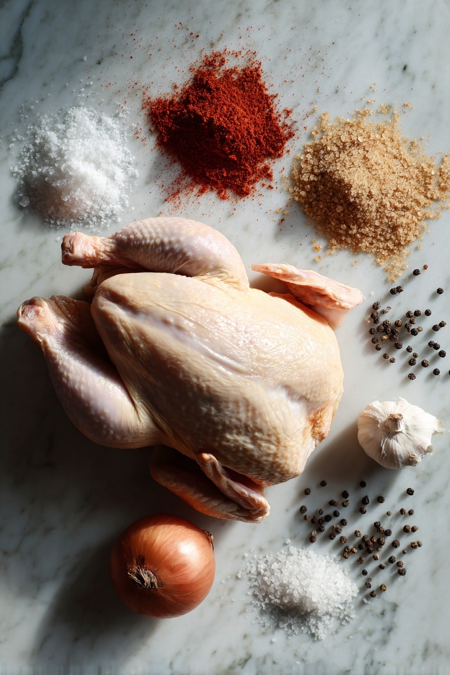Flat lay of a whole raw chicken, brown sugar crystals, smoked paprika powder with its deep red hue, white garlic powder, onion powder, coarse salt crystals, and black peppercorns scattered artistically, all placed on a white marble surface, photo taken with an iphone --ar 2:3 --v 7 - Slow Cooker Whole Chicken, Spiced Crispy Skin, Easy Roast Chicken, Juicy Slow Cooker Chicken, Crispy Skin Chicken
