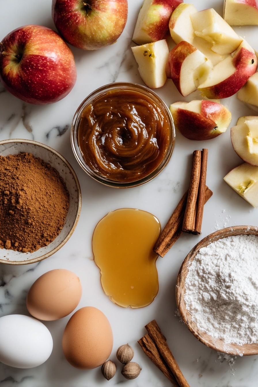 Flat lay of golden browned butter in a small pool, glossy apple butter in a jar, light and dark brown sugars heaped with cinnamon sticks resting beside, chopped Honeycrisp apples with their red and yellow skin peeking through, whole eggs with smooth shells, warm maple syrup glistening in a shallow puddle, a sprinkle of fine powdered sugar dusted delicately nearby, and a few nutmeg seeds scattered artistically, placed on a white marble surface, photo taken with an iphone --ar 2:3 --v 7 - Brown Butter Apple Blondies with Cinnamon Maple Glaze, fall dessert recipes, cozy apple blondies, homemade blondie recipes, apple cinnamon dessert