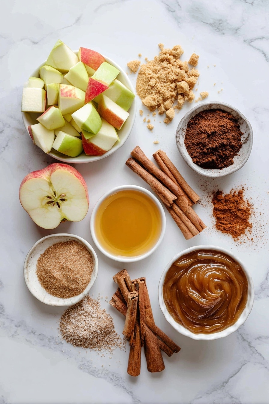 Flat lay of chopped honeycrisp apple pieces, a small mound of dark brown sugar, cinnamon sticks, ground cinnamon and nutmeg powders in neat piles, a drizzle of golden maple syrup pooling slightly, melted and browned butter with its rich caramel color, a swirl of apple butter, and a sprinkle of cinnamon sugar crystals, all beautifully arranged on a white marble surface, photo taken with an iphone --ar 2:3 --v 7 - Baked Apple Cider Doughnuts with Cinnamon Maple Glaze, fall apple cider doughnuts, baked apple cinnamon doughnuts, easy seasonal apple donuts, cozy autumn baked treats